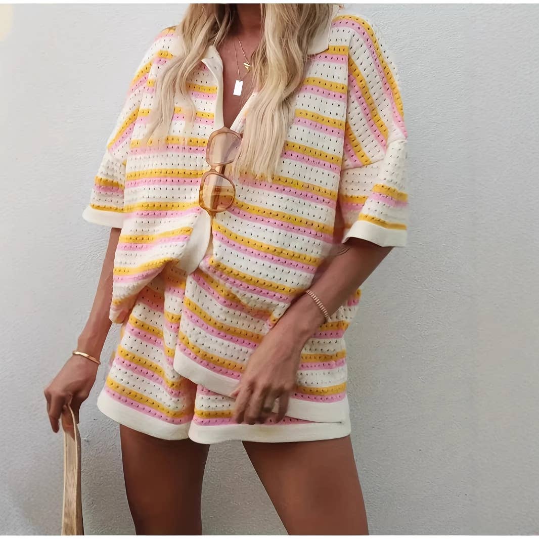 Woolen Colorblocked Lapel Stripe Short Sleeve Shorts Set