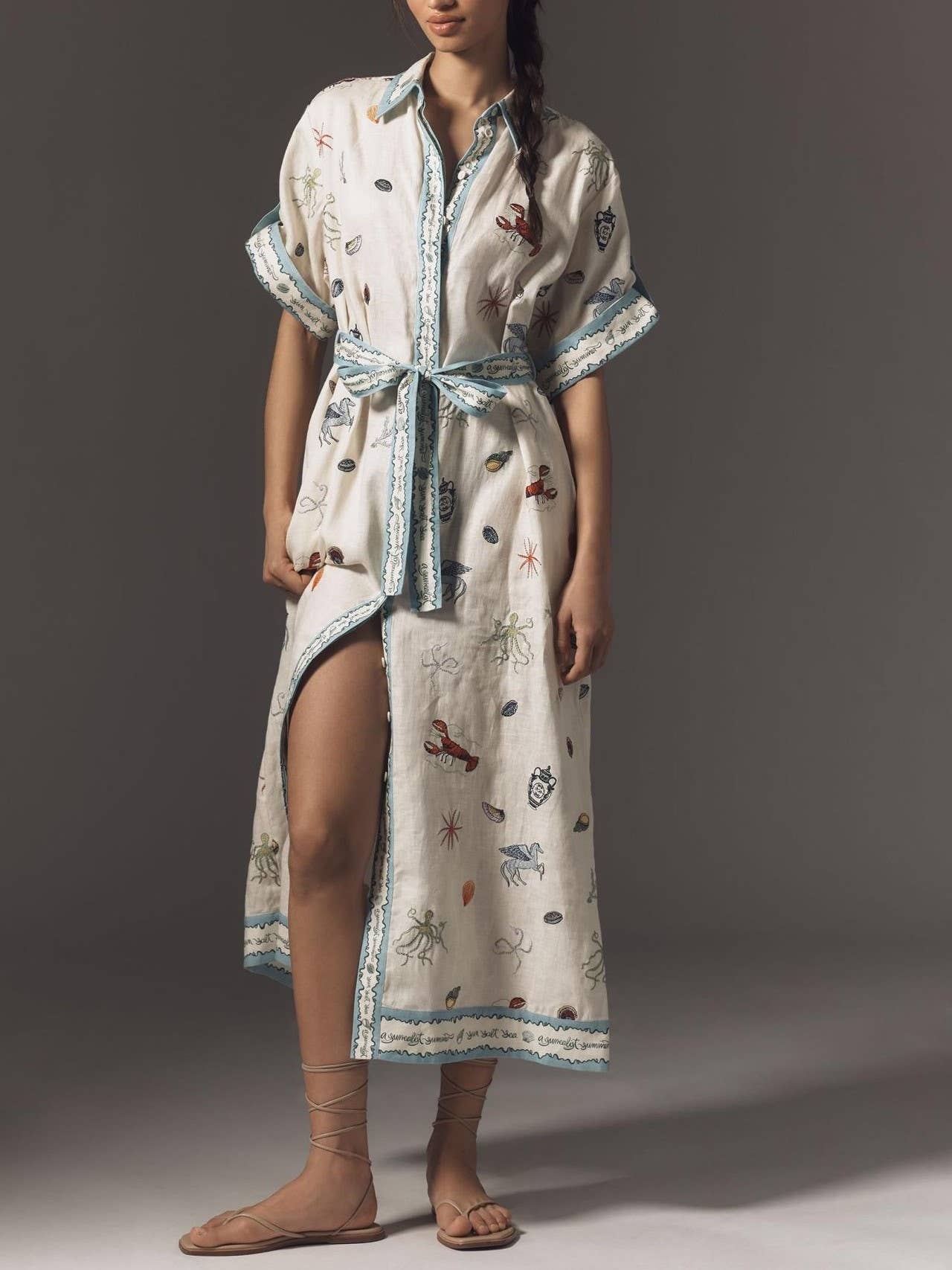 Ocean Inspired print Button Maxi Shirt Dress