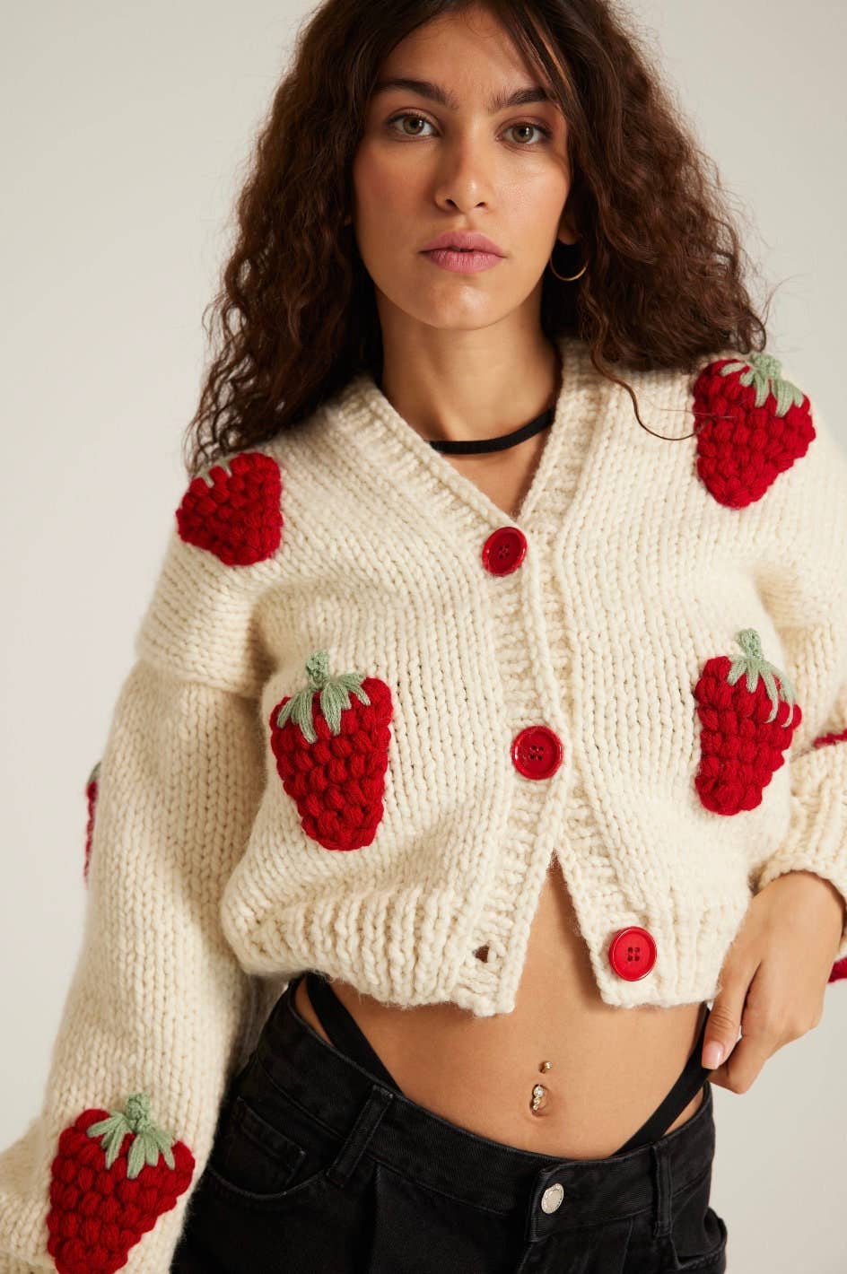 Red Strawberry Chunky Wool Cardigan