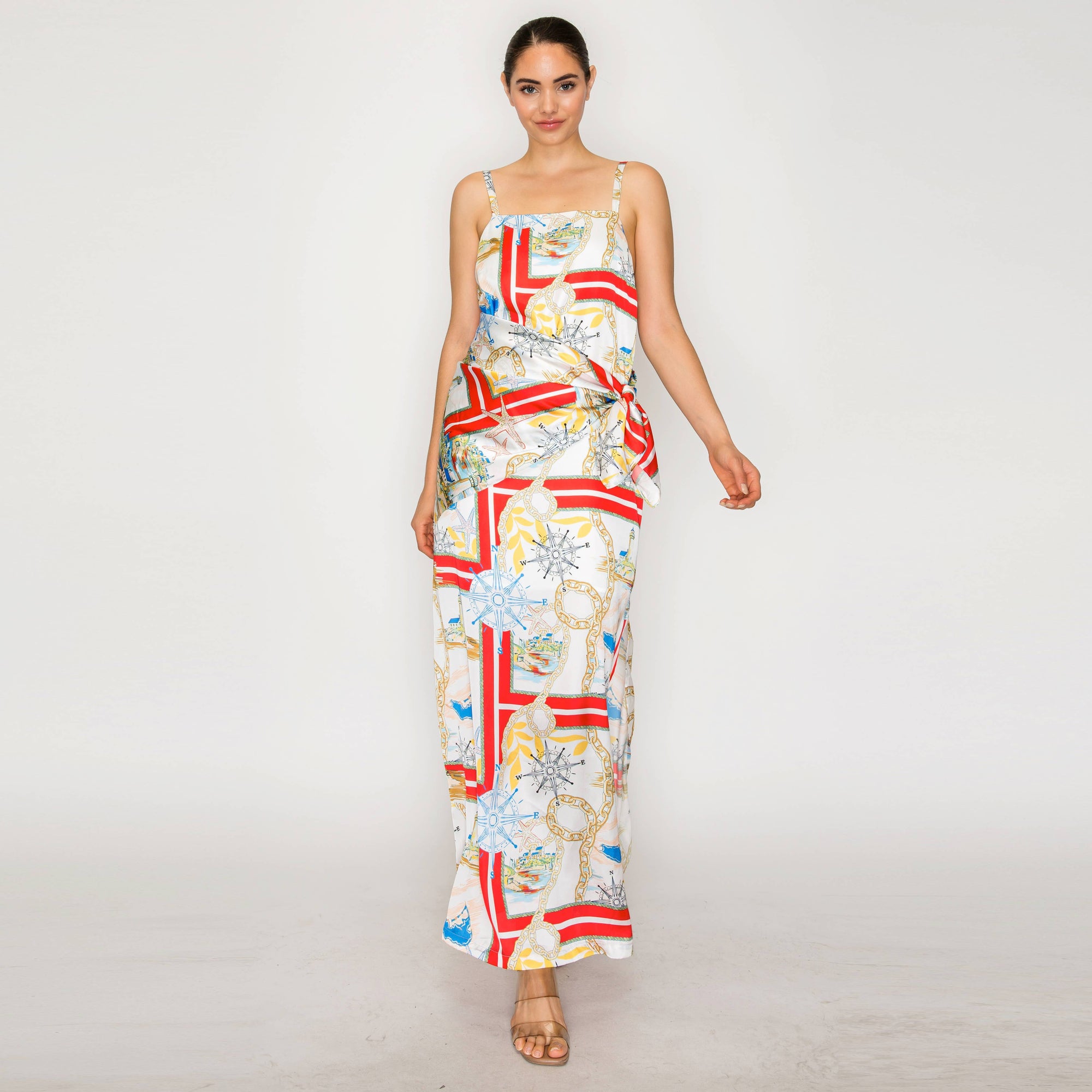 ATLANTIC BREEZE RED Satin Scarf Midi Dress