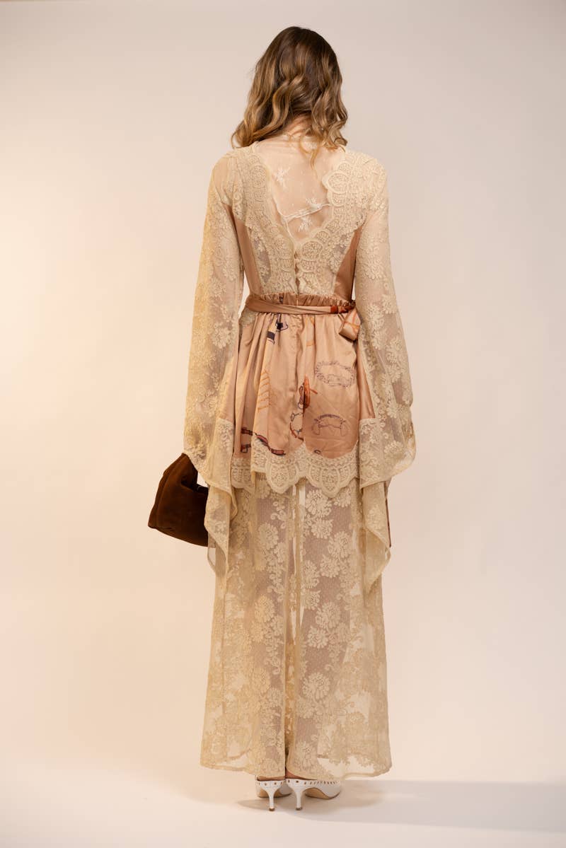 Sheer Lace Kimono Sleeve Maxi Dress