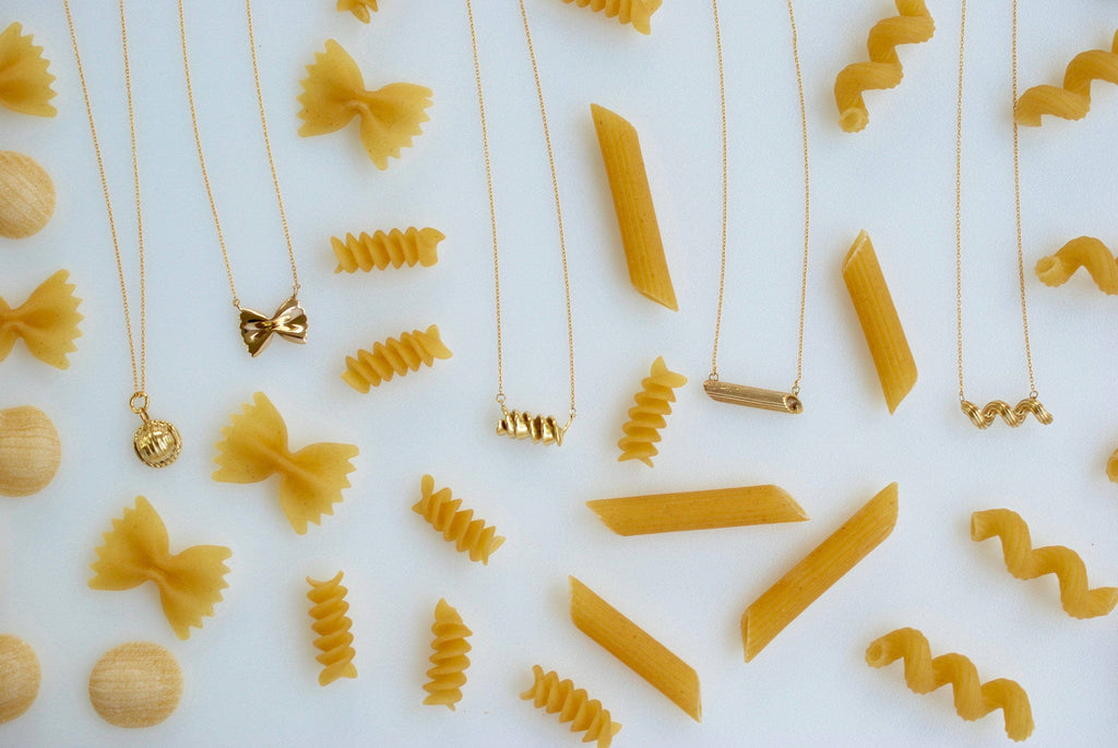 Rotini Pasta Necklace, Yellow Gold Plated, By Delicacies Jewelry - Every Purchase Helps Fight Hunger! (Food Jewelry, Foodie Gift)