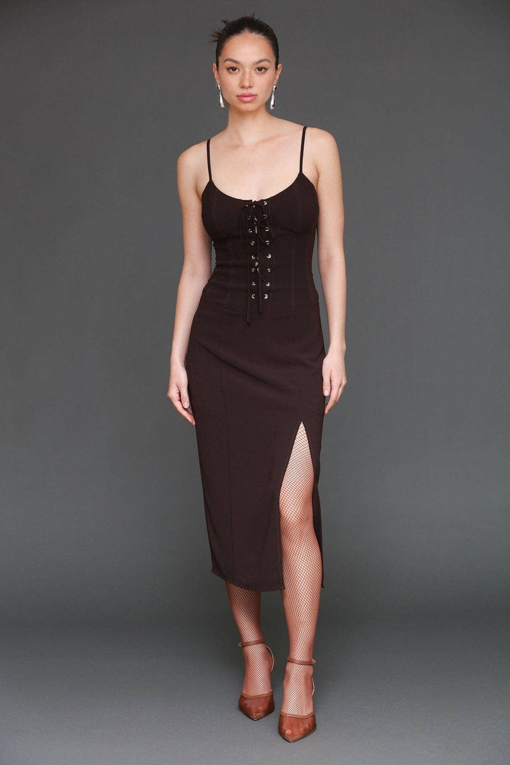Lace Up Corset Crepe Midi Dress