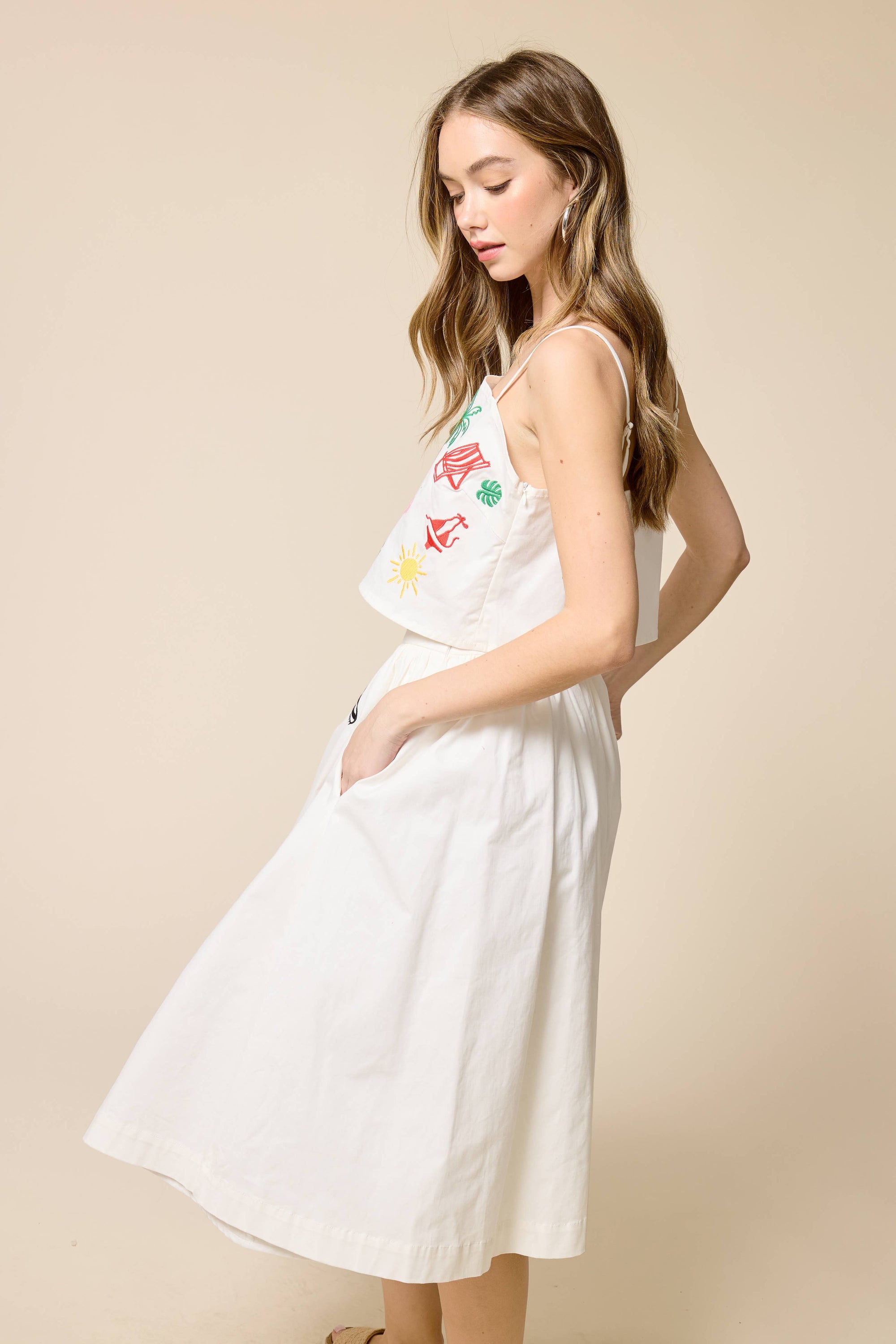 Palm Breeze Embroidery Midi Skirt