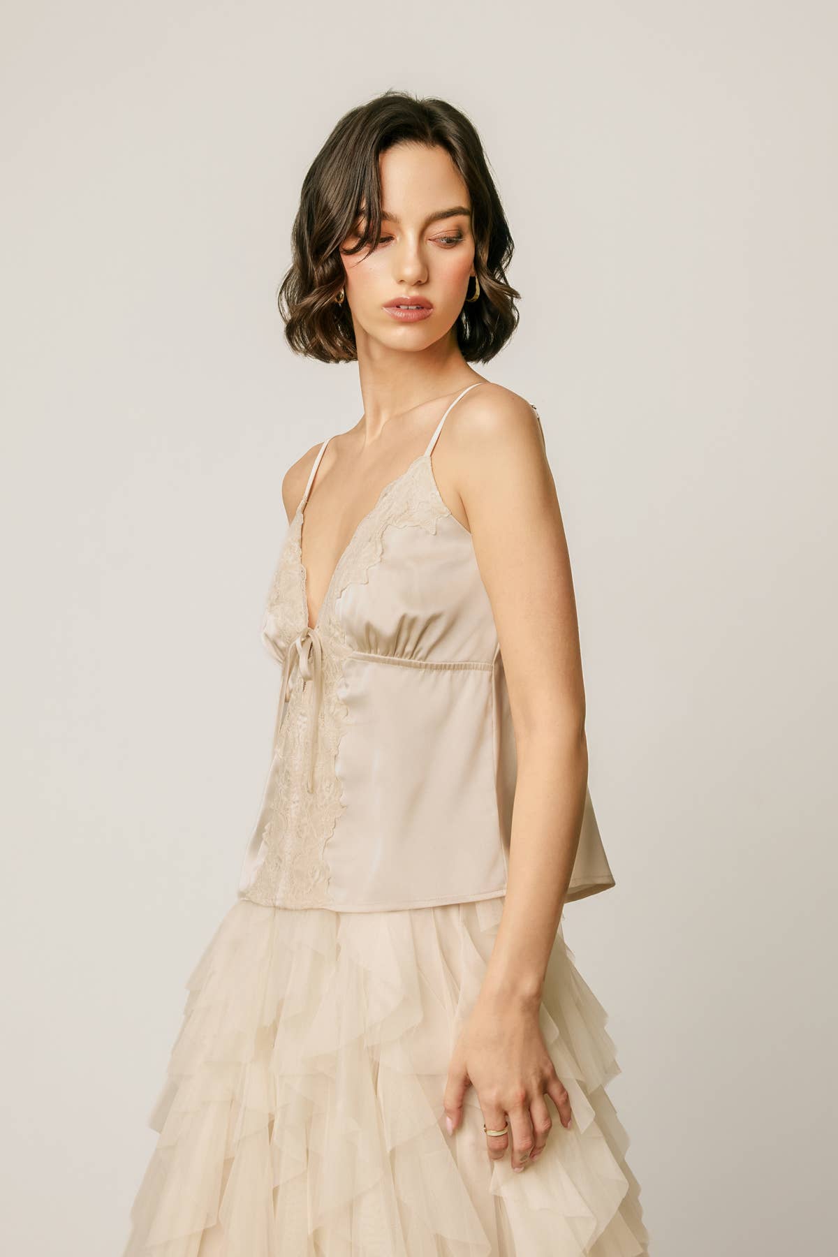 Satin Lace Tie Front Cami Top