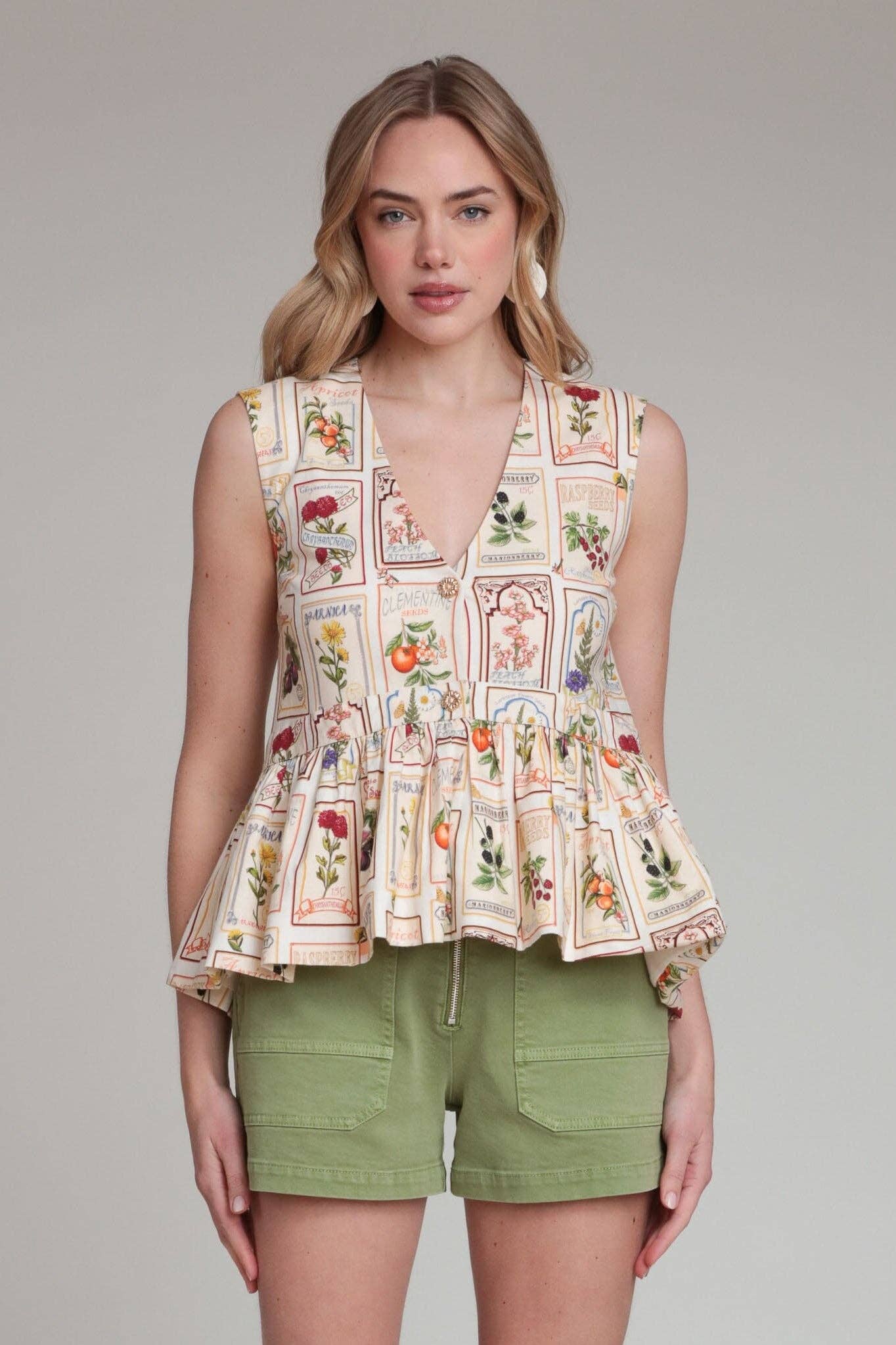 Linen Blend Fruit Floral Peplum Top
