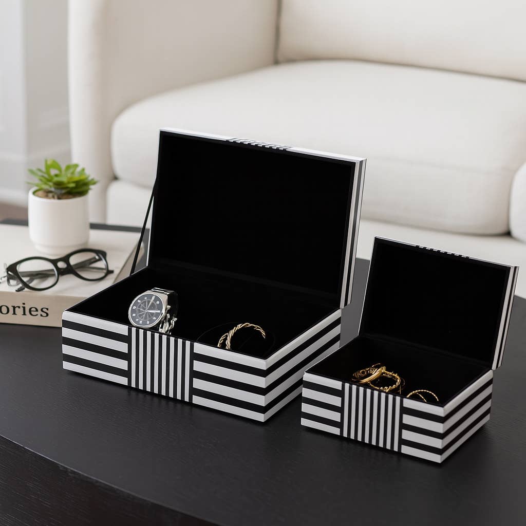 Wood Striped Storage Boxes Set of 2 - Black, 8/11 in.
