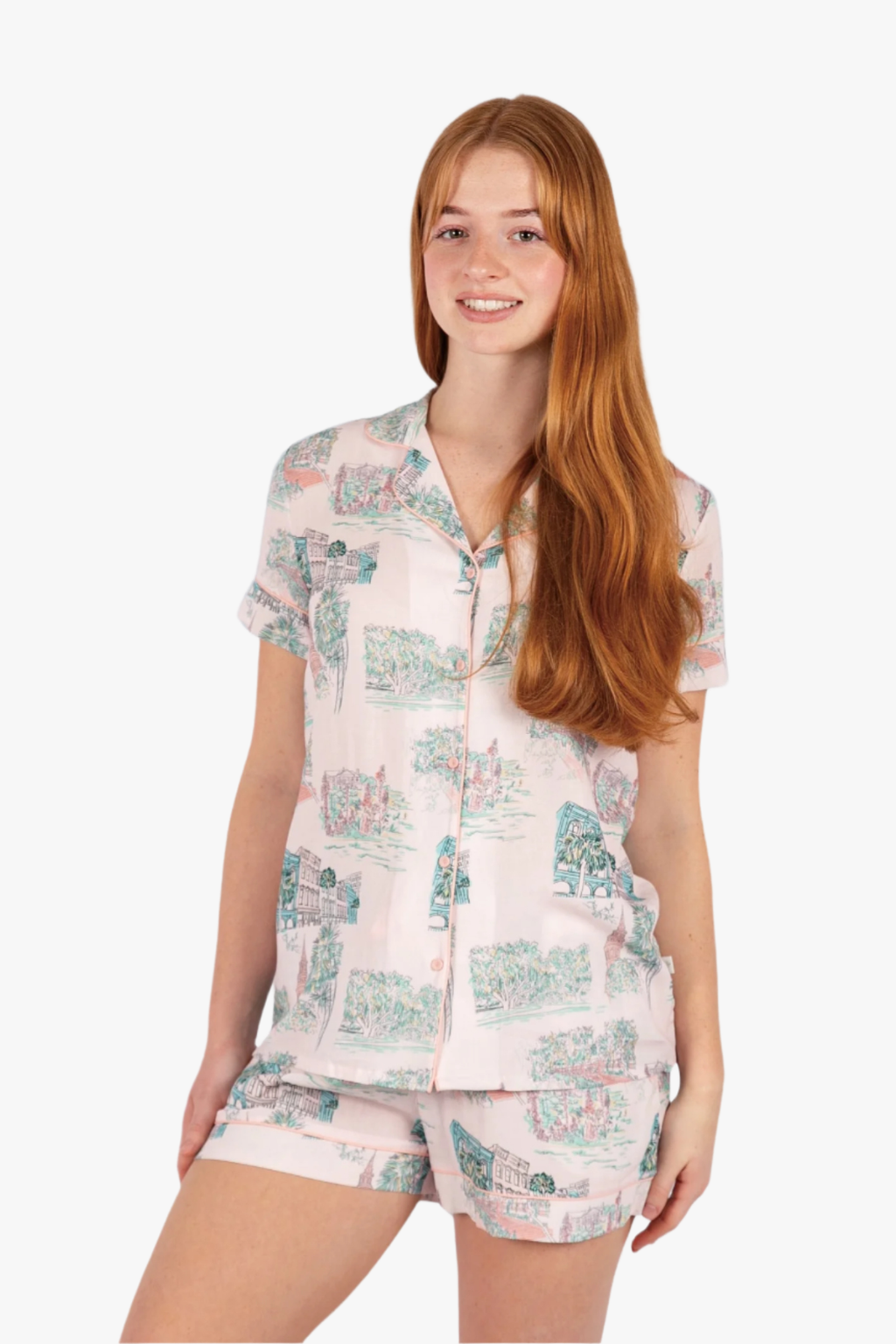 Charleston Scene Pink Button Down Short Set Pajamas