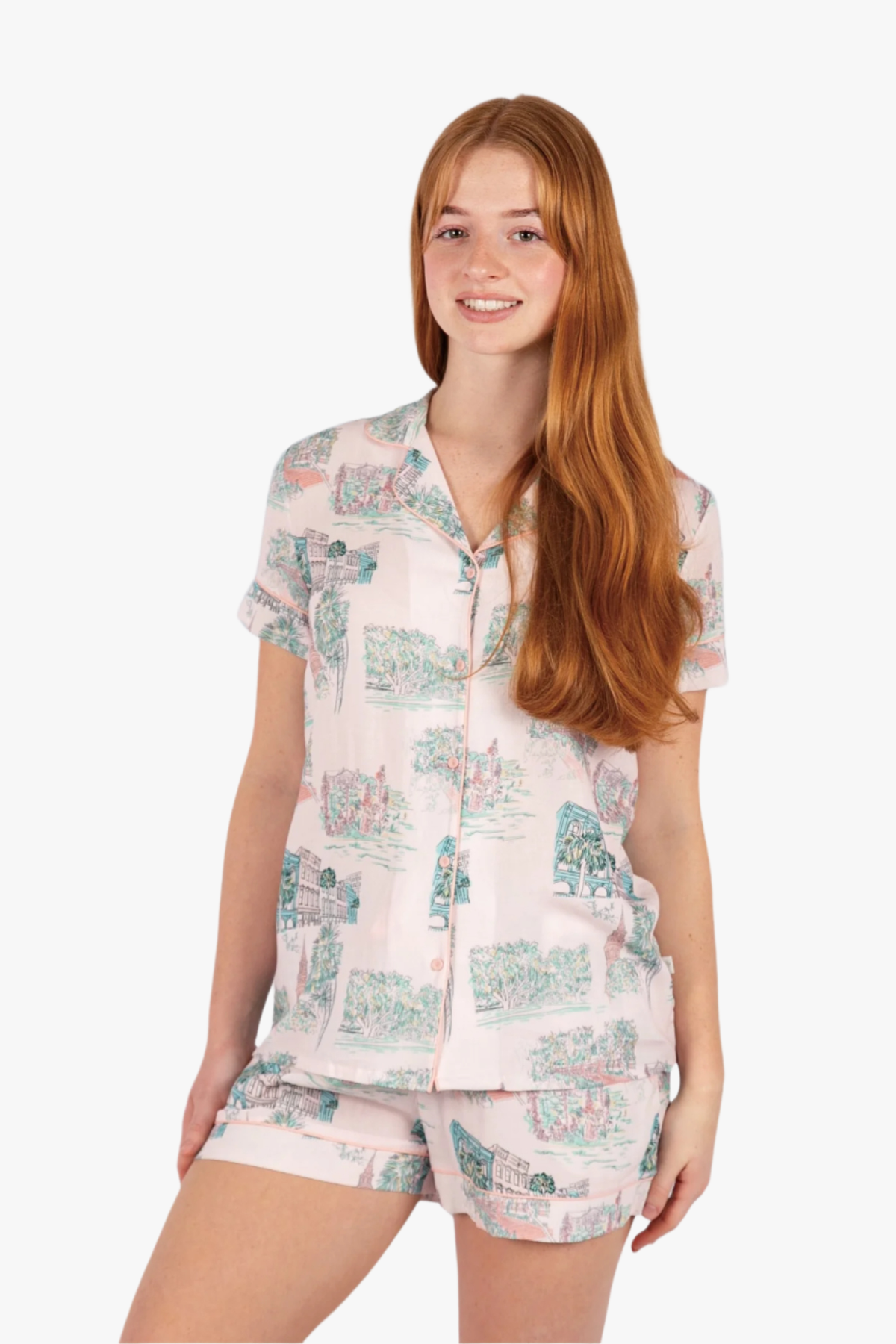 Charleston Scene Pink Button Down Short Set Pajamas