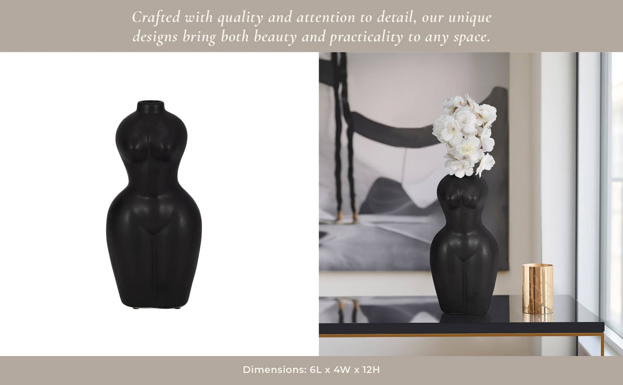 Ceramic Modern Woman Body Form Vase - Black, 12 in.