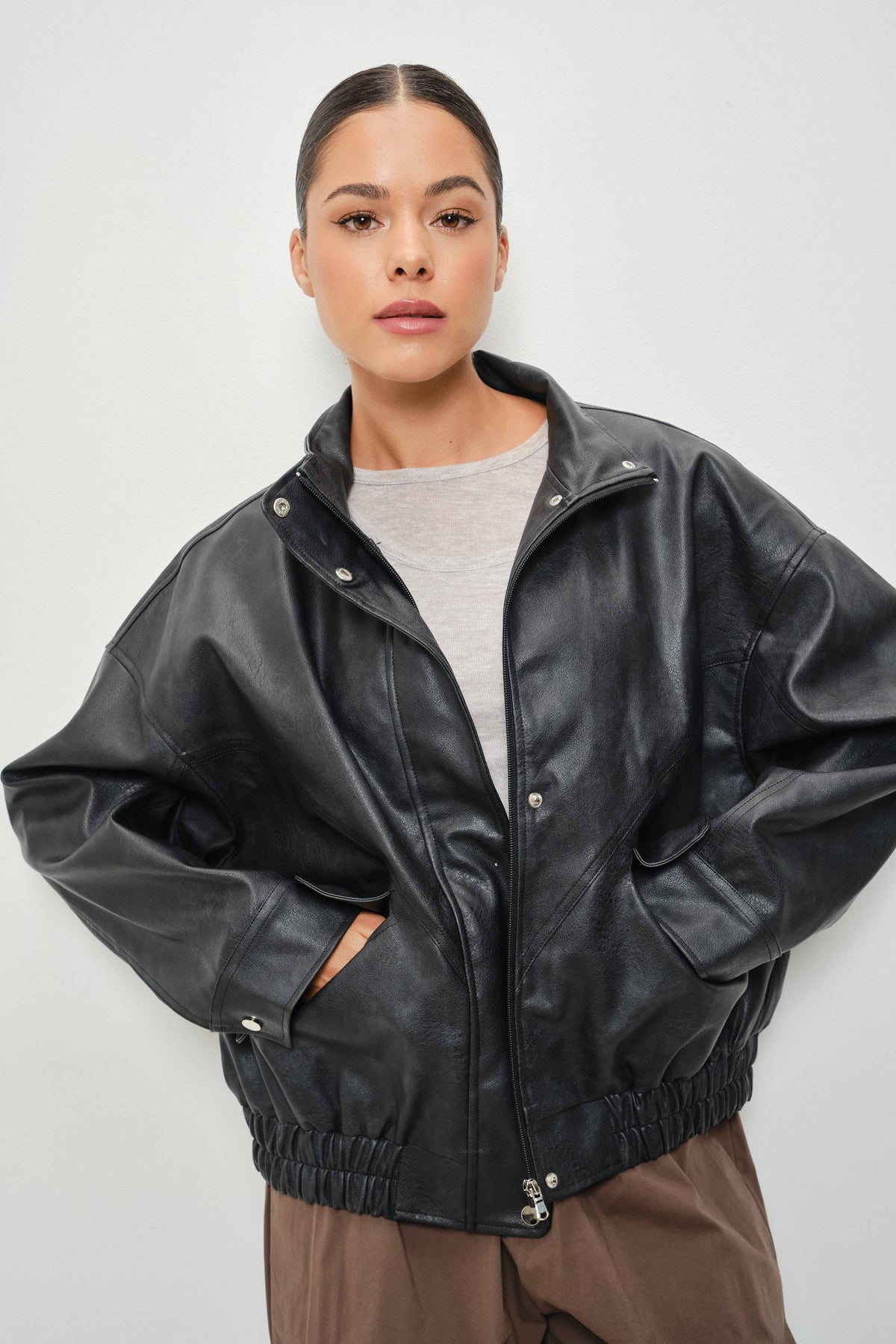 KARI LEATHER FUNNEL NECK OVERSIZED JACKET