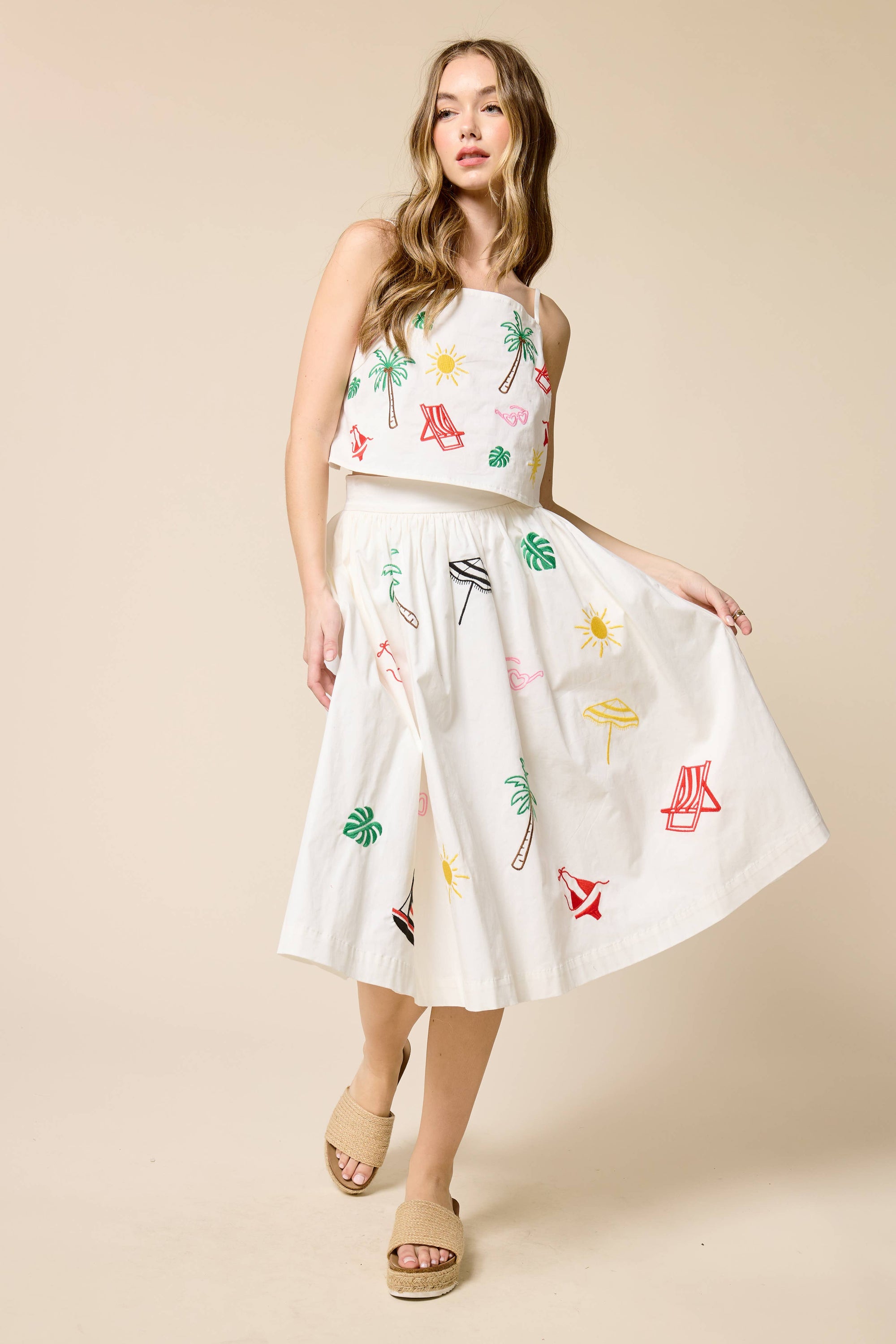 Palm Breeze Embroidery Midi Skirt