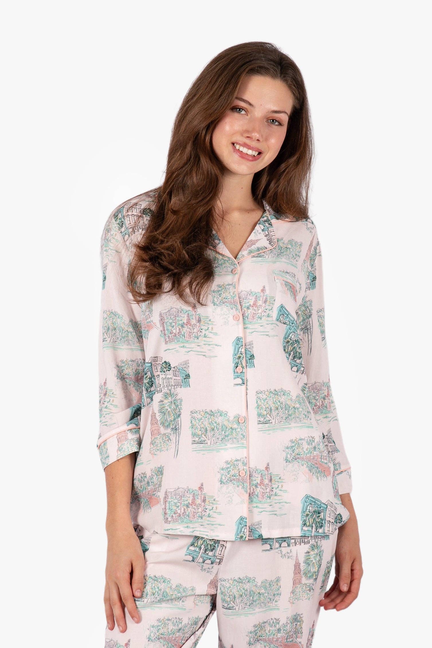 Charleston Scene Pink 3/4 Pajama Set