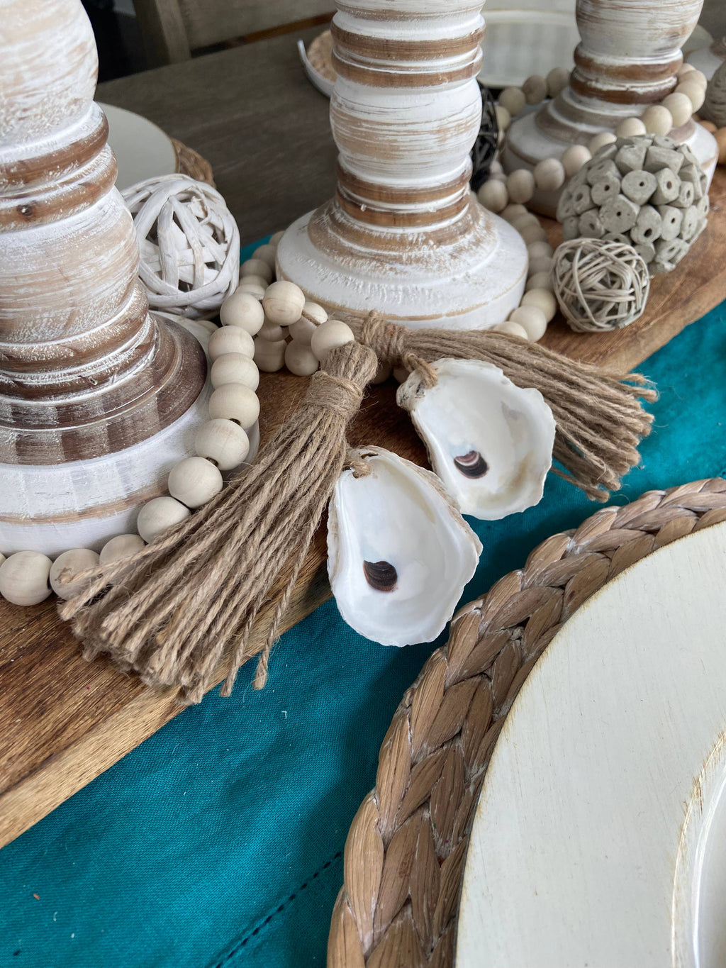 Oyster Shell Wooden Bead Garland with Tassels