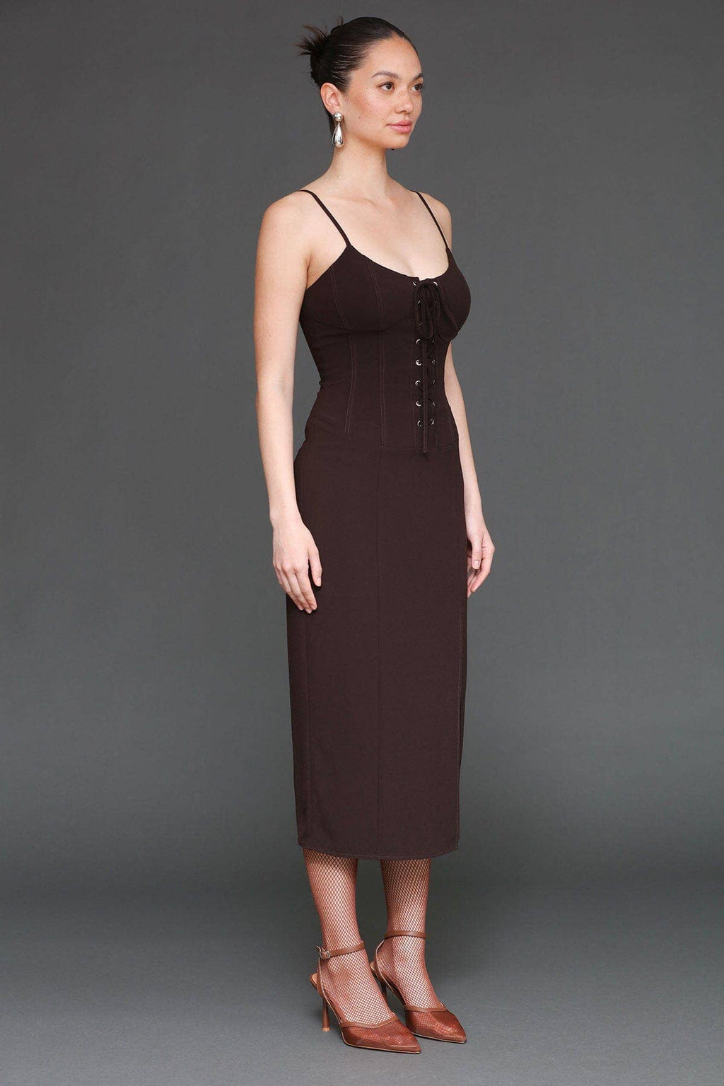 Lace Up Corset Crepe Midi Dress