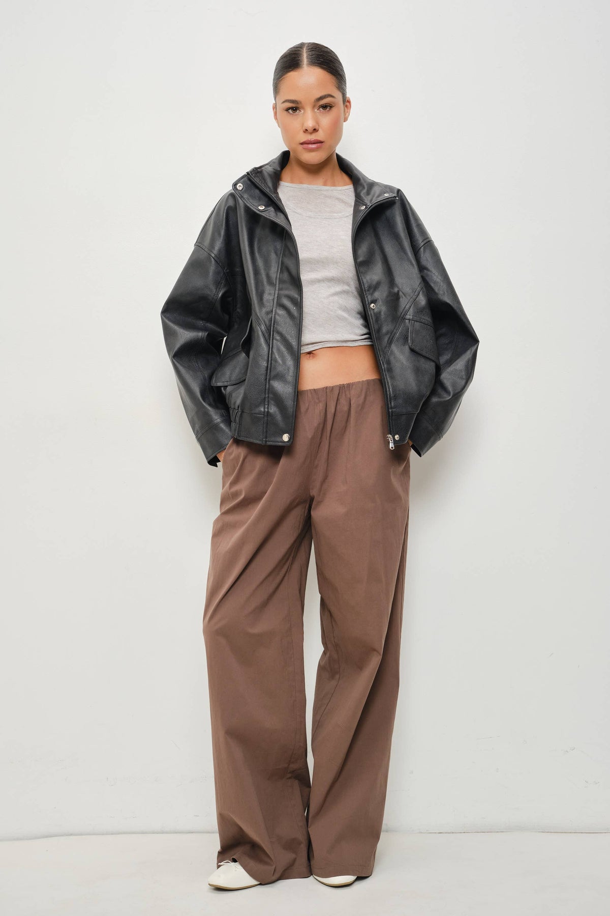 KARI LEATHER FUNNEL NECK OVERSIZED JACKET