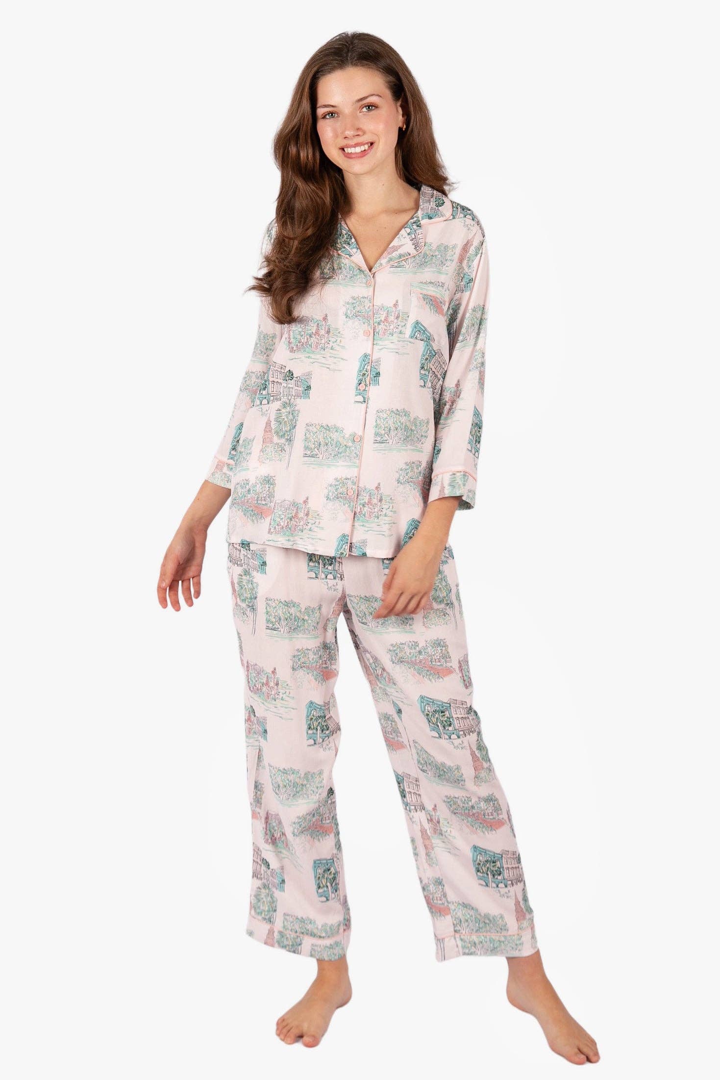 Charleston Scene Pink 3/4 Pajama Set
