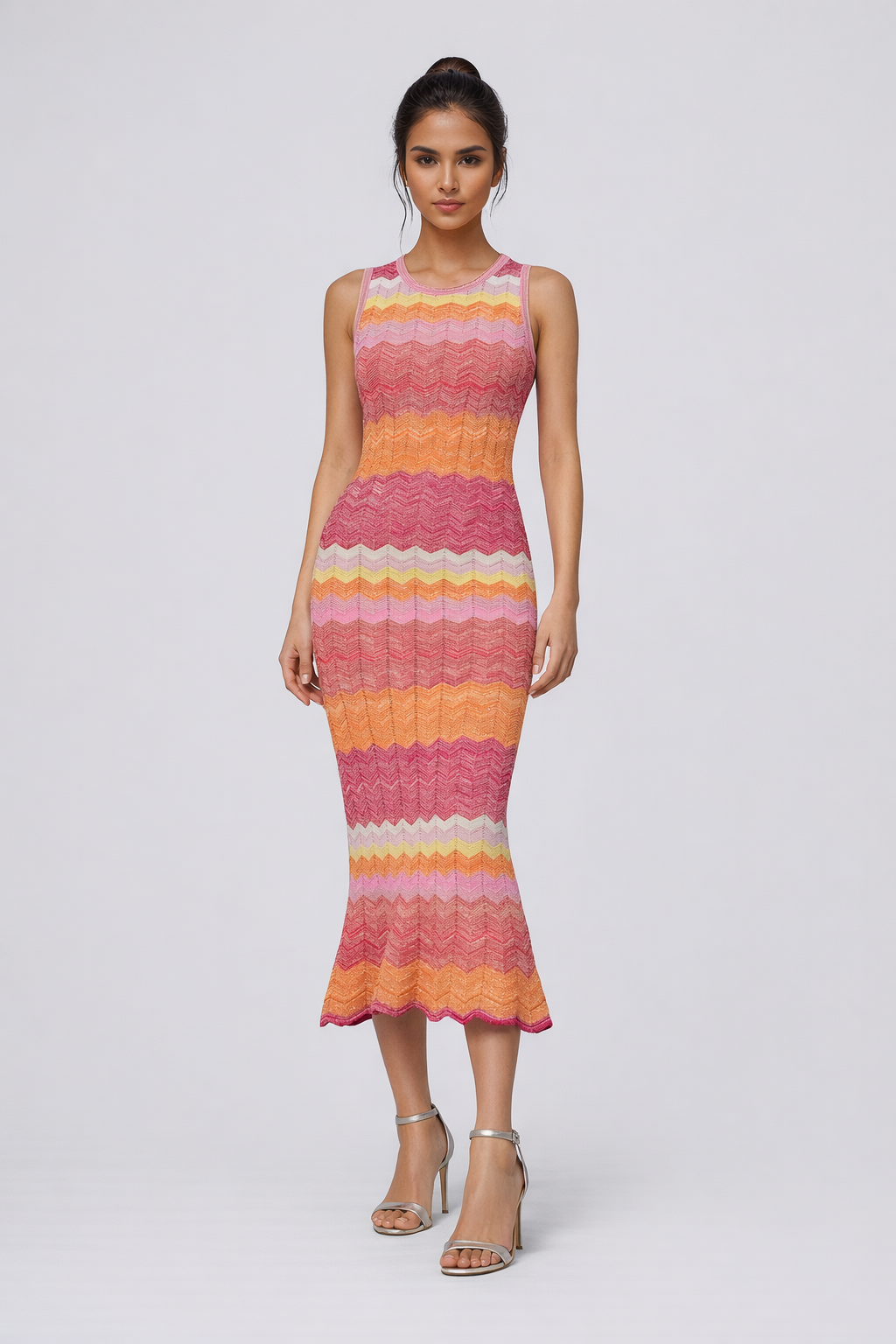Wave Stripe Sleeveless Knit Mermaid Dress - English / L / Orange Wave Stripe Sleeveless Knit Mermaid Dress - English / L / Orange