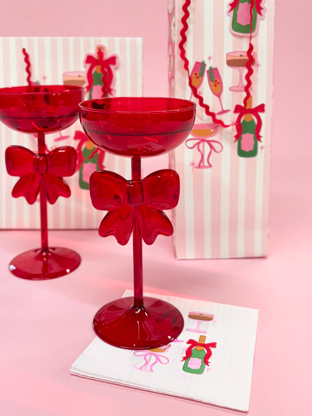 Bow & Bubbly - Red Holiday  Coupe and Wine Glass