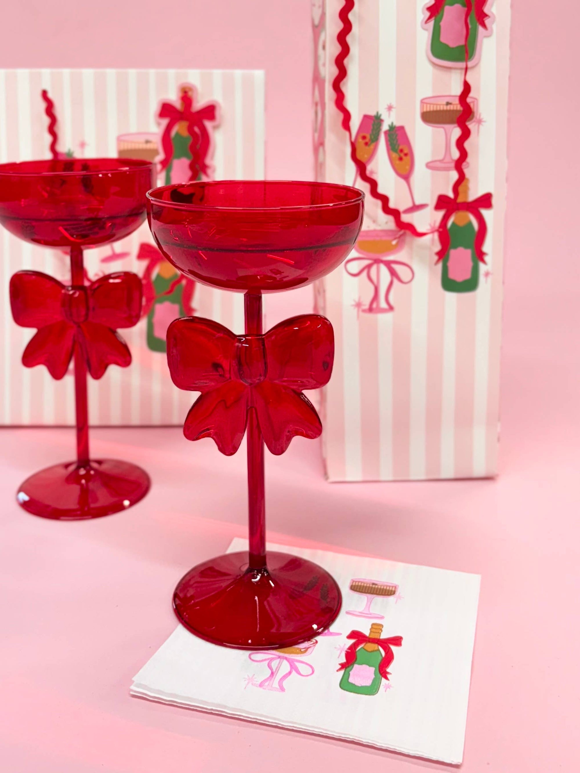 Bow & Bubbly - Red Holiday  Coupe and Wine Glass