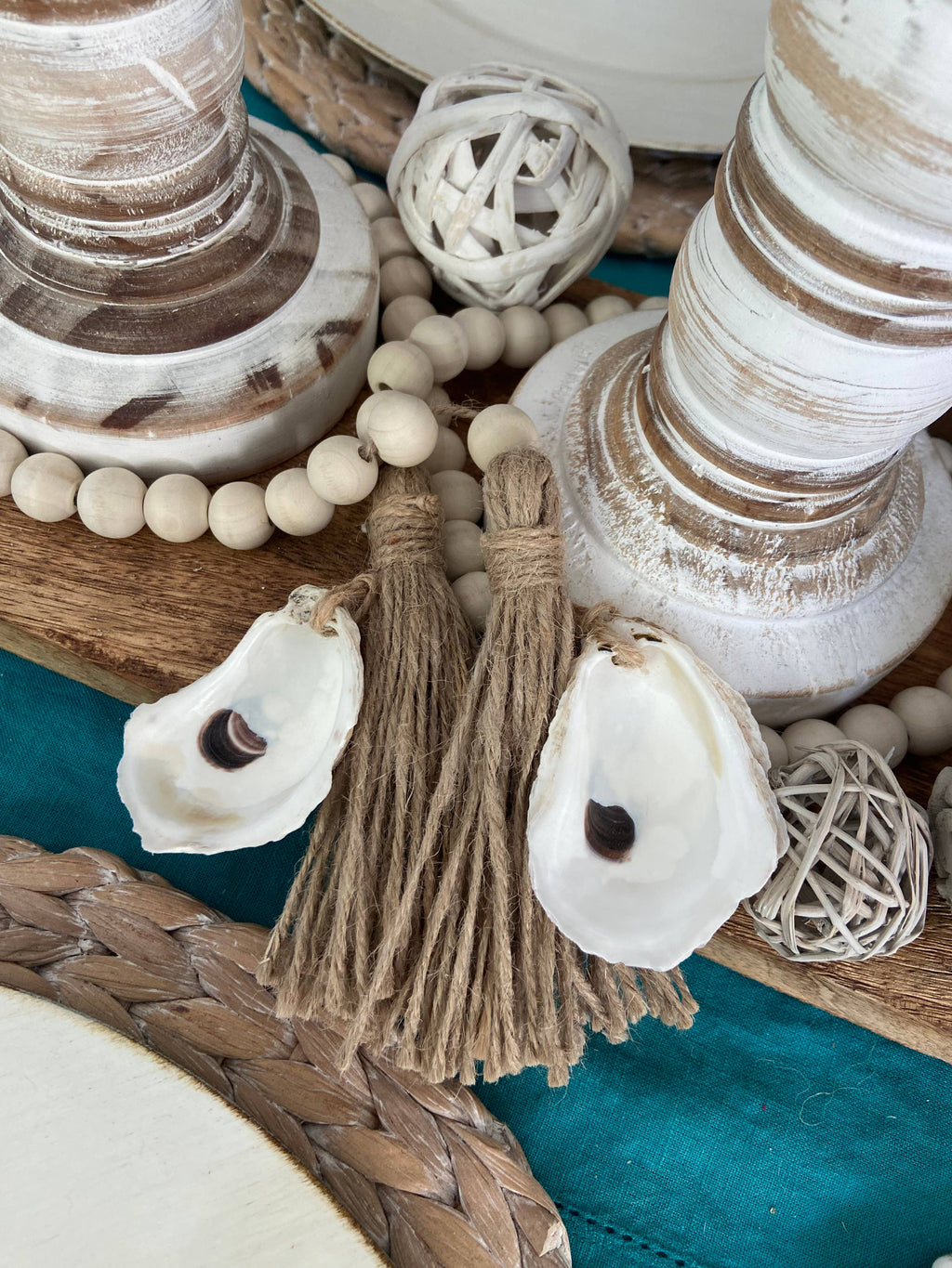 Oyster Shell Wooden Bead Garland with Tassels