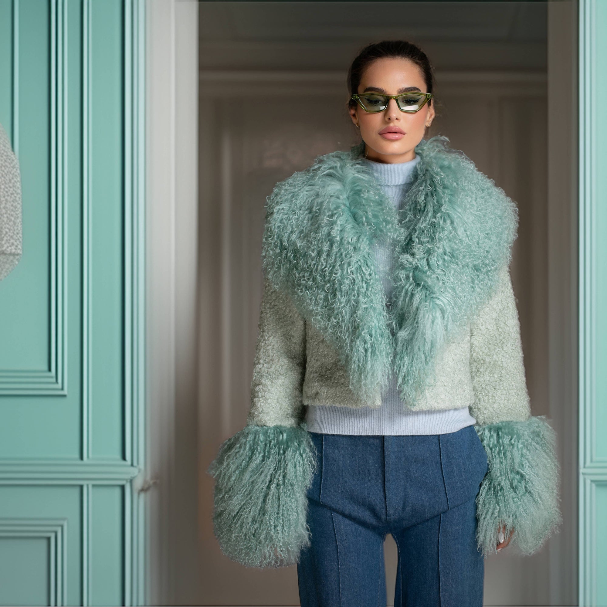 Mint Green Cropped Mongolian Shearling Coat