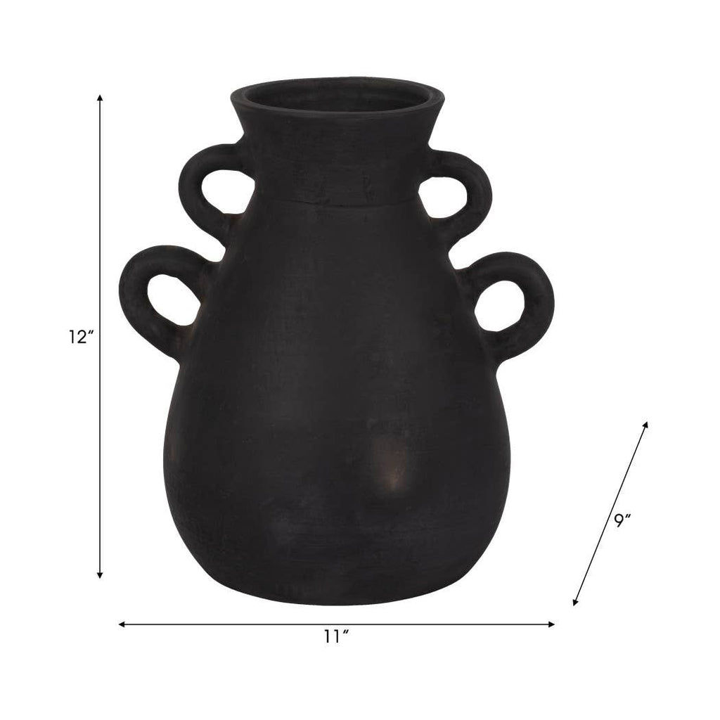 Ceramic Tall Flower Vase with 4 Handles - Black, 13 in.
