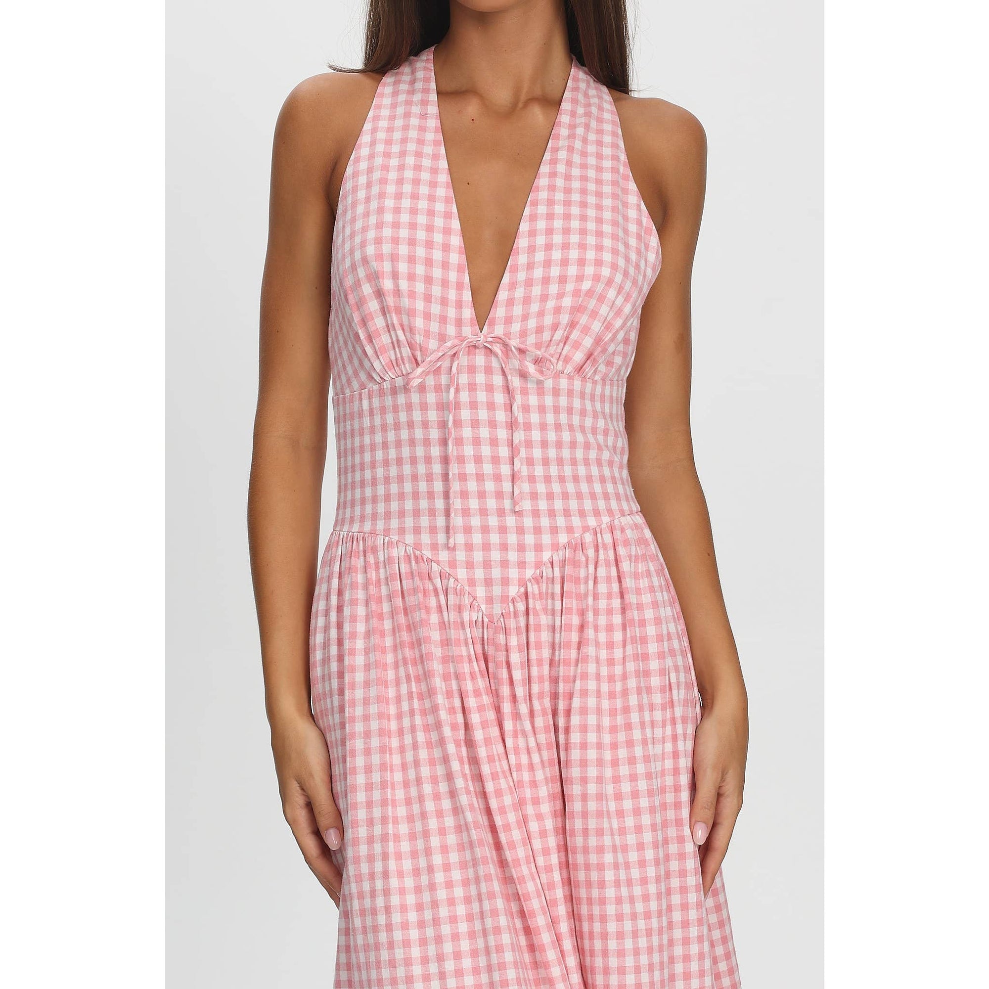 Sleeveless Halter Gingham Maxi Dress - s / Pink Sleeveless Halter Gingham Maxi Dress - s / Pink