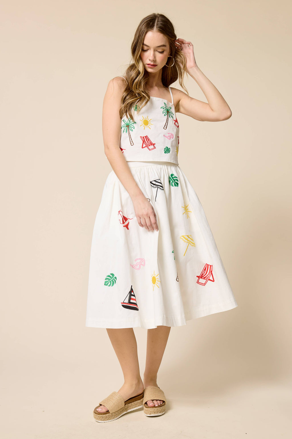 Palm Breeze Embroidery Midi Skirt