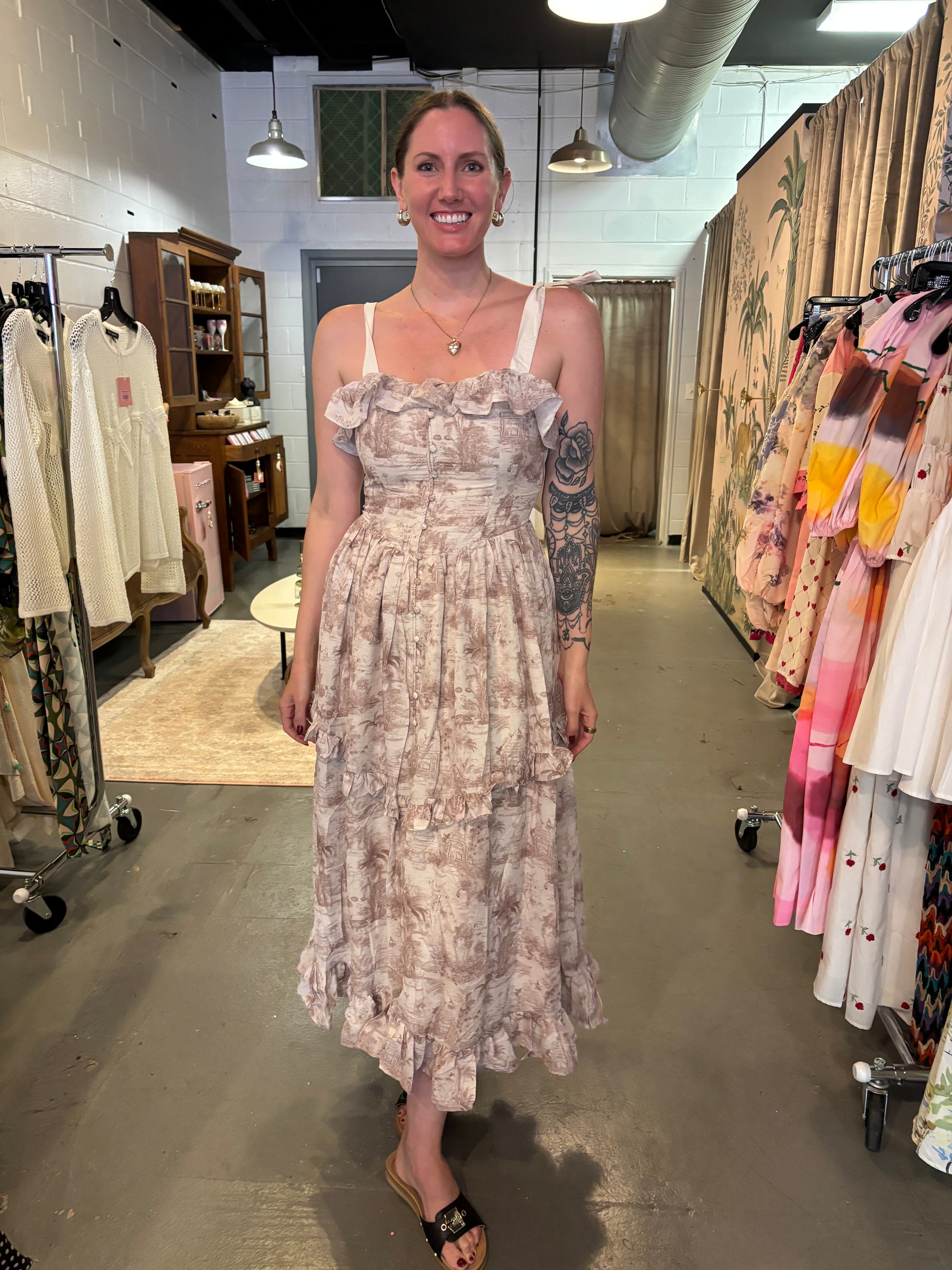 Brown Toile Midi Dress