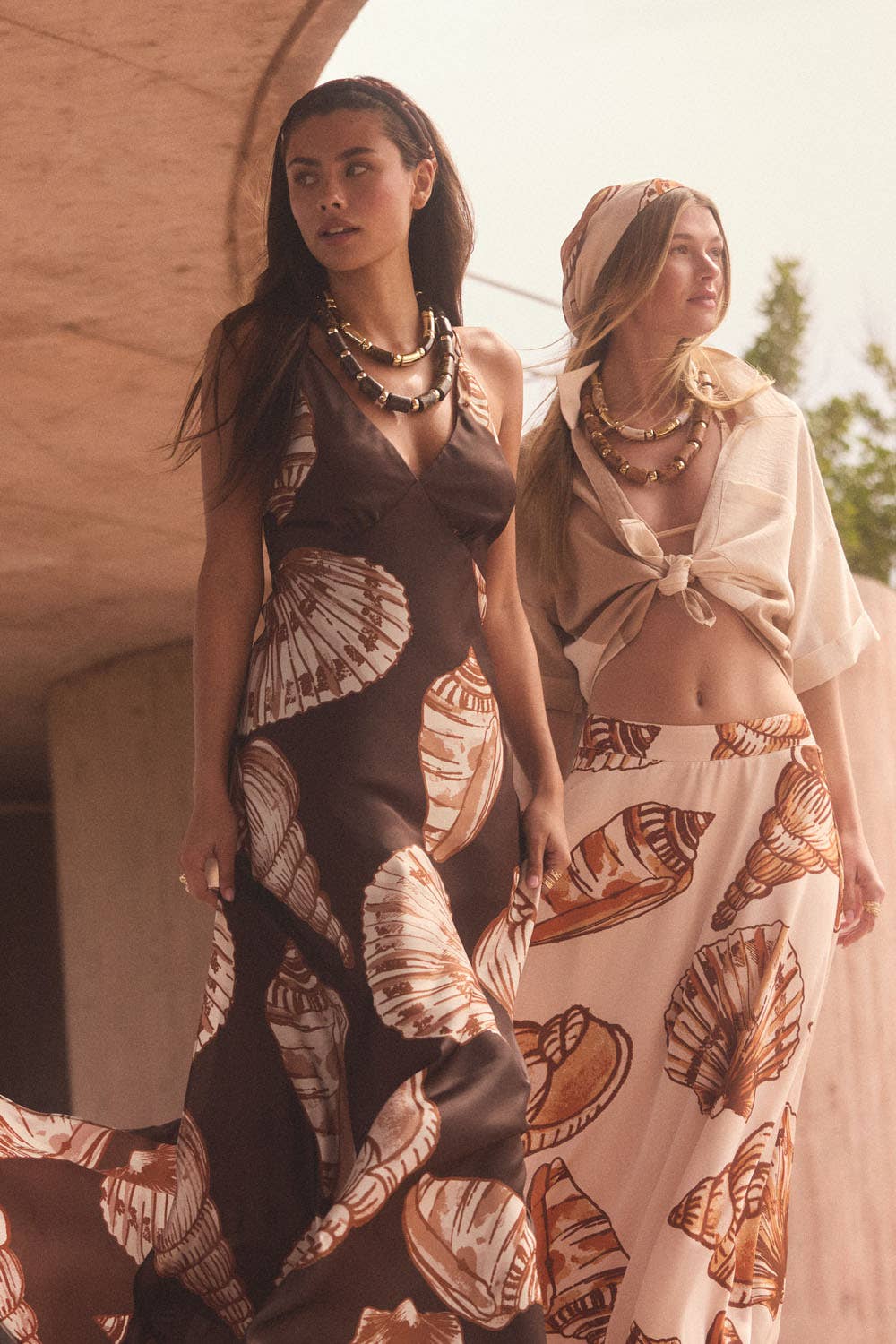 Seashell-Print Satin Halter V-Neck Open-Back Maxi Dress