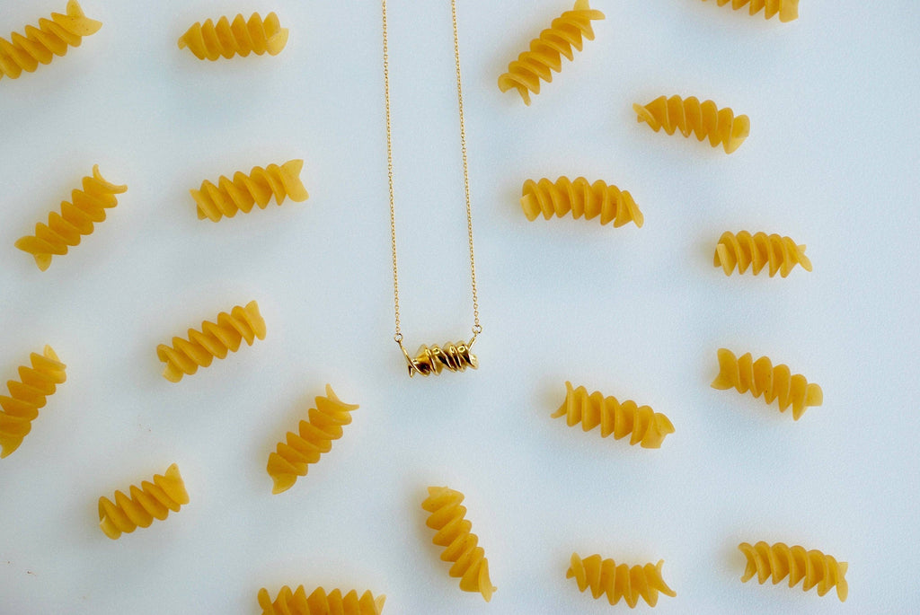 Rotini Pasta Necklace, Yellow Gold Plated, By Delicacies Jewelry - Every Purchase Helps Fight Hunger! (Food Jewelry, Foodie Gift)