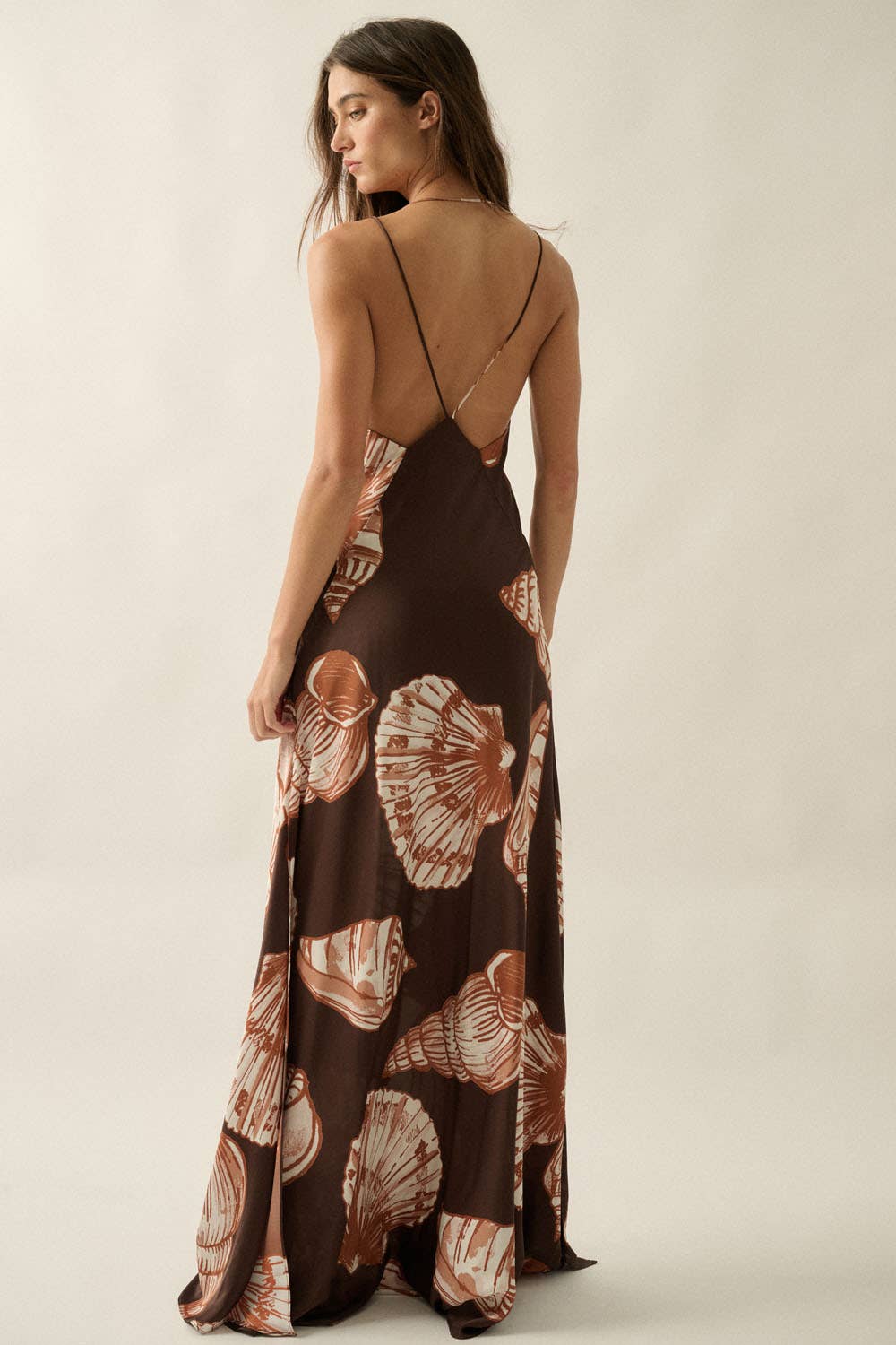 Seashell-Print Satin Halter V-Neck Open-Back Maxi Dress