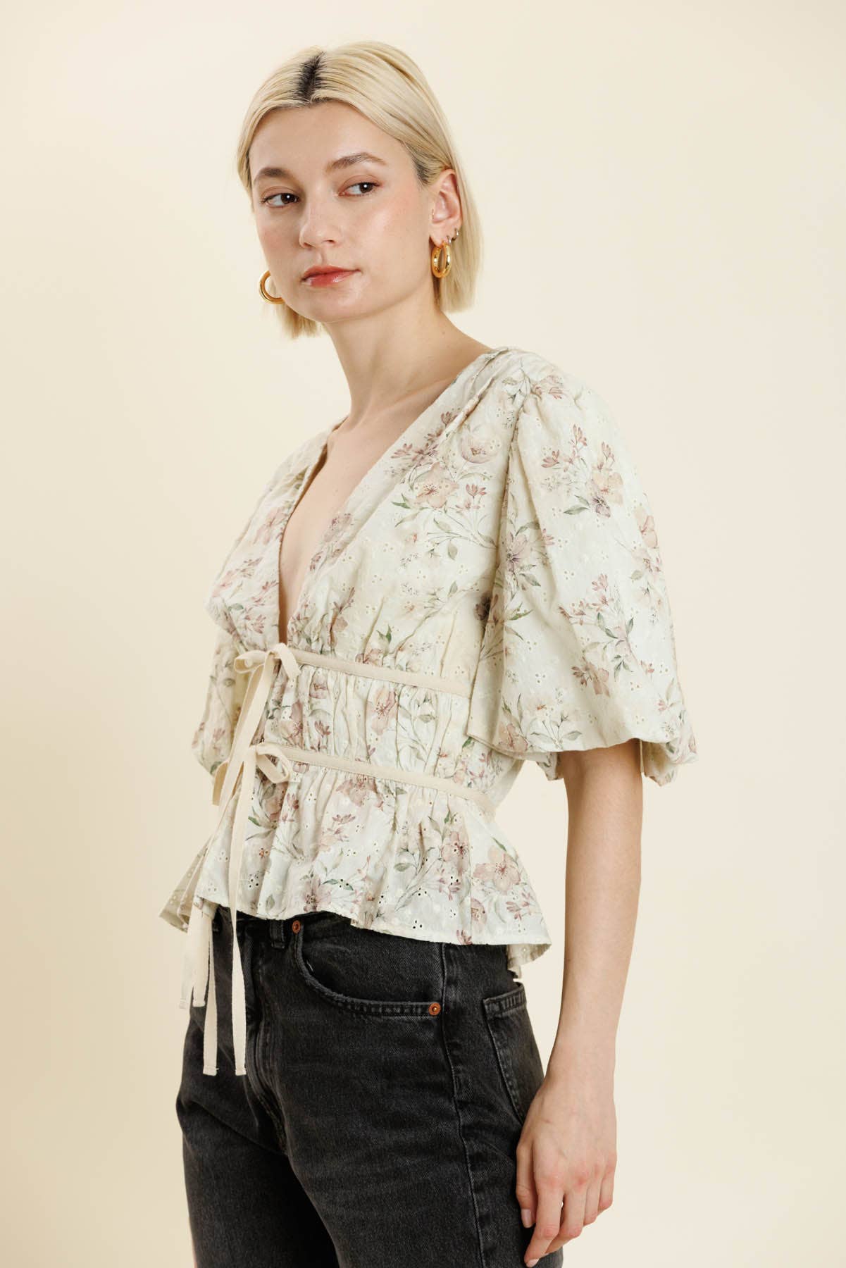 EMBROIERED EYELET PEPLUM TOP