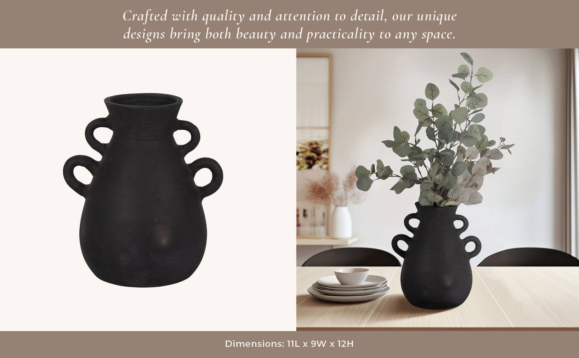 Ceramic Tall Flower Vase with 4 Handles - Black, 13 in.