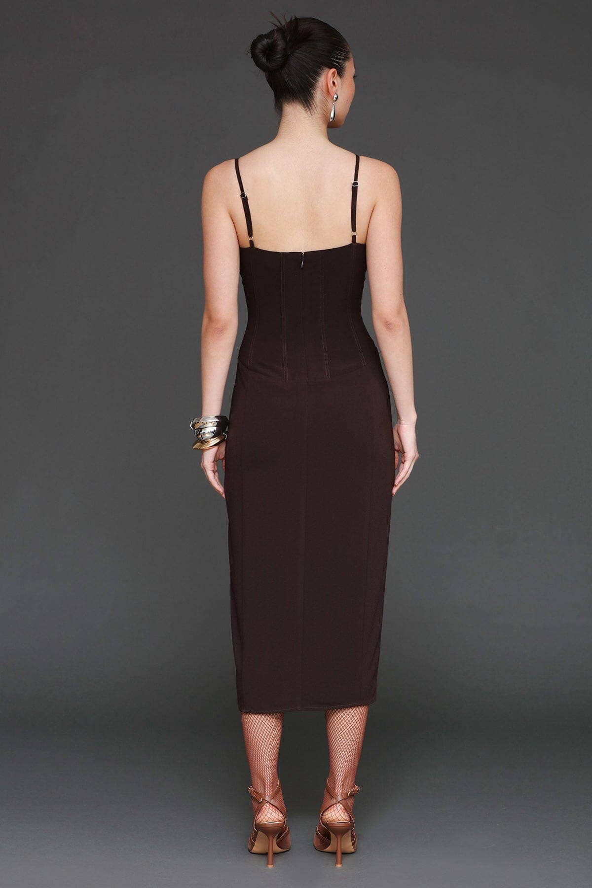 Lace Up Corset Crepe Midi Dress