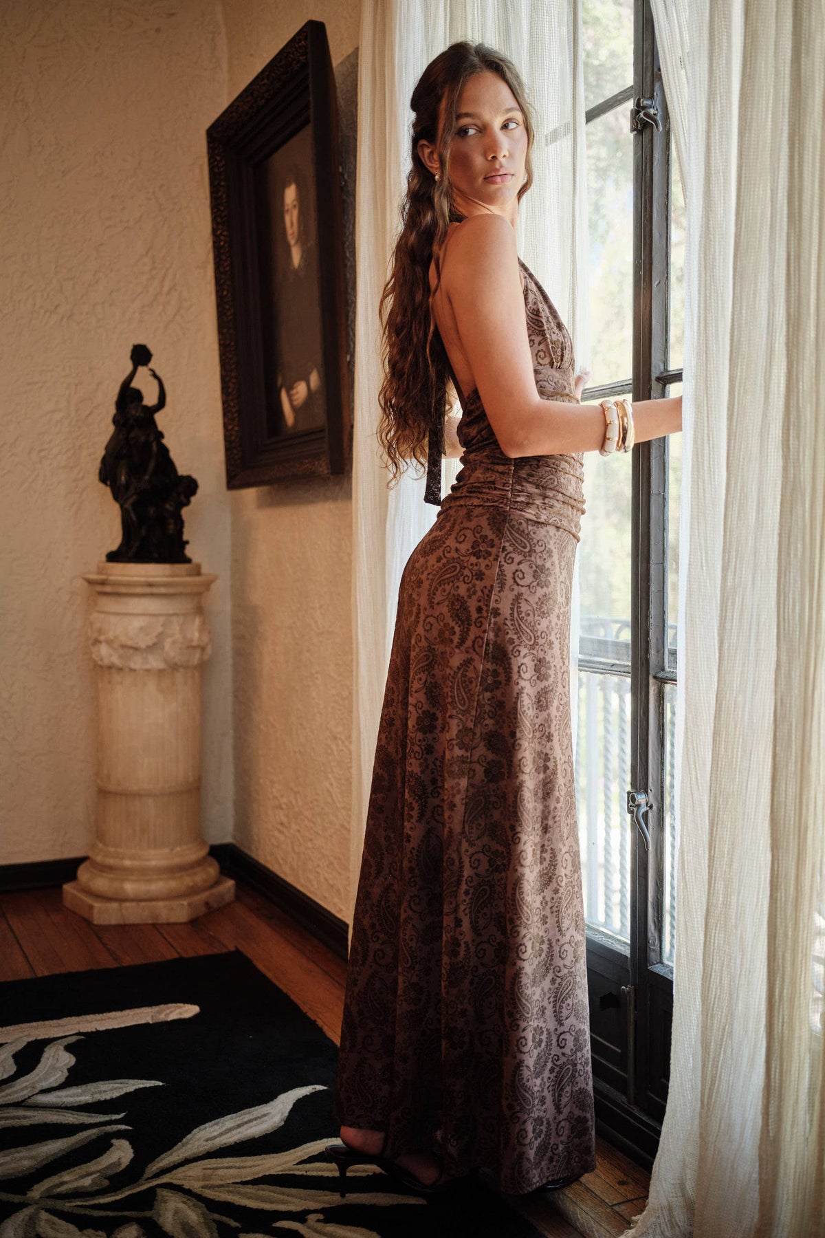 SOPHIE V-NECK HALTER PAISLEY PRINTED FLOCKED MAXI DRESS-LB