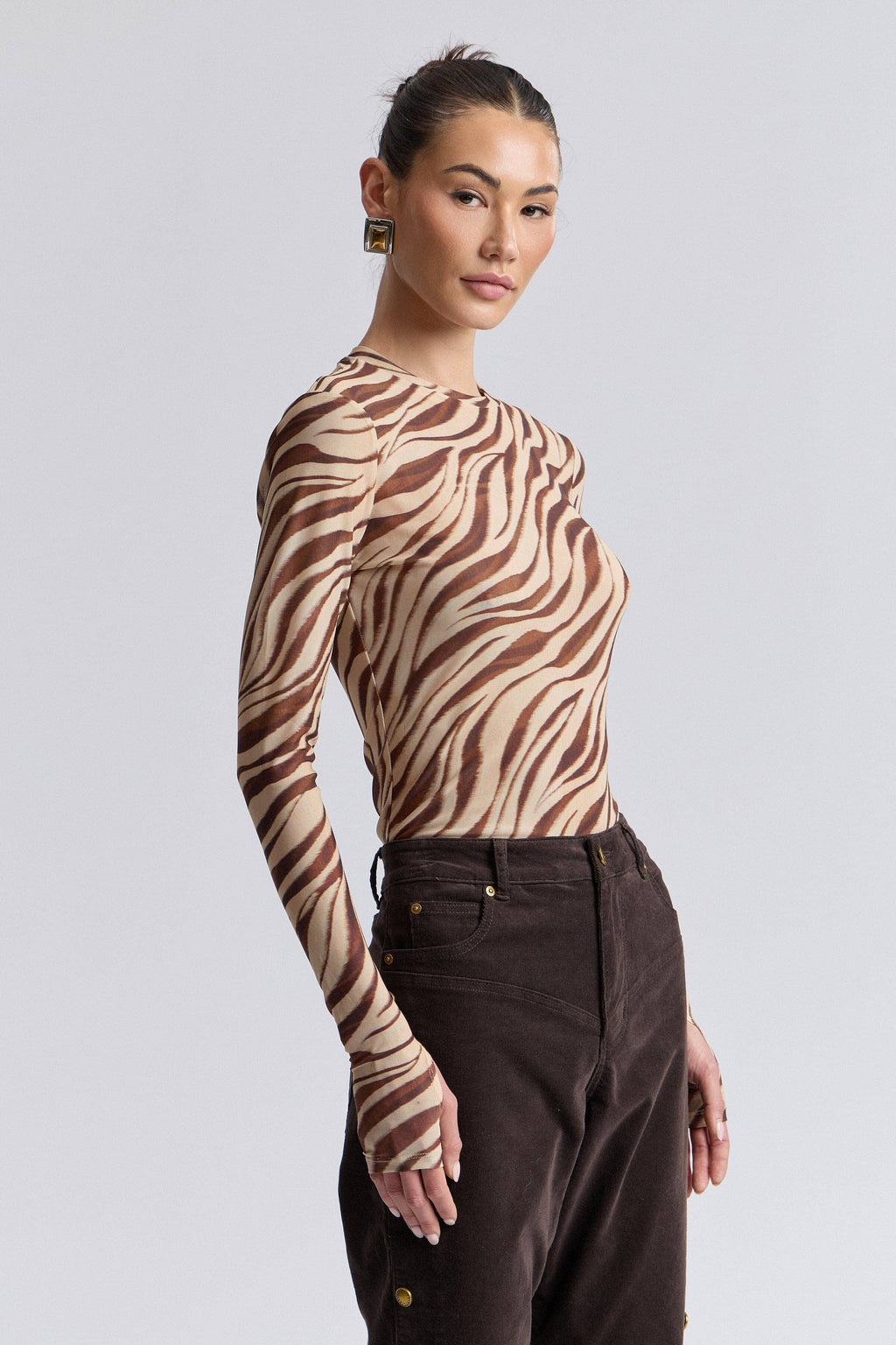 Zebra Stretch Mesh Thumbhole Top