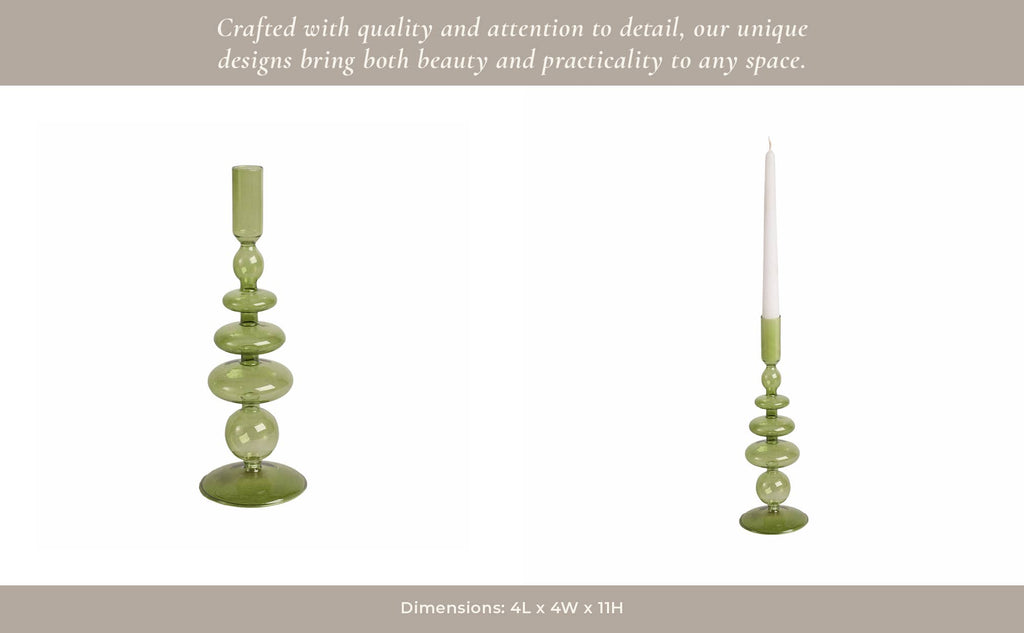 Glass Vintage Bubble Taper Candle Holder - Green, 11 in.