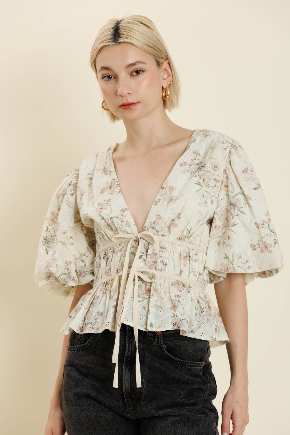 EMBROIERED EYELET PEPLUM TOP