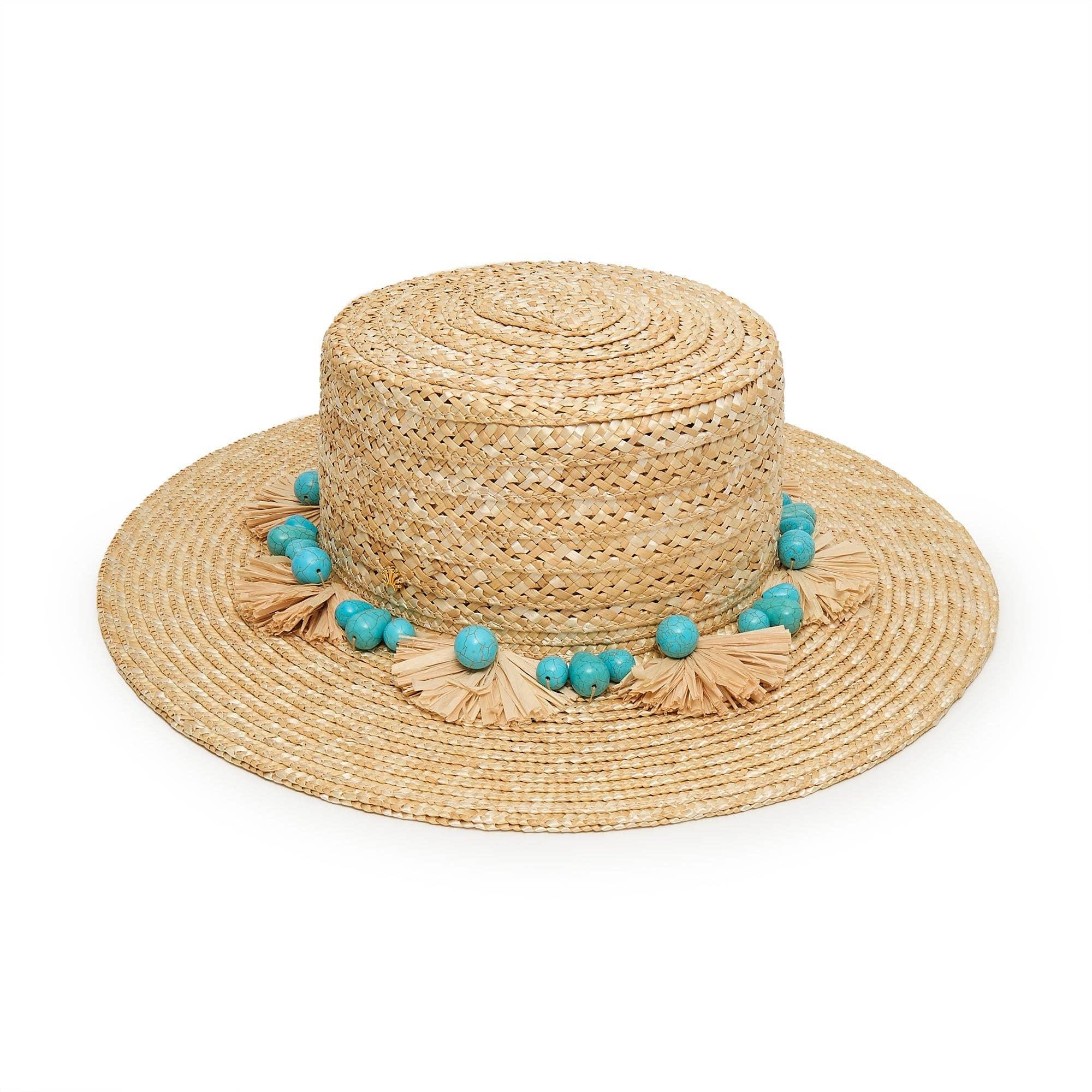 NATURAL TURQUOISE POMS STRAW HAT