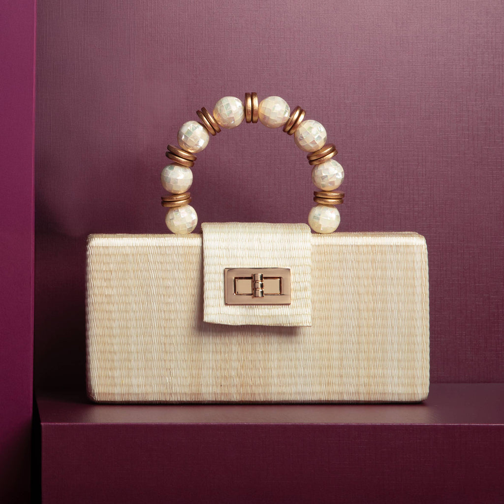 Party Clutch - Cream with Shell Inlay Bead Handle