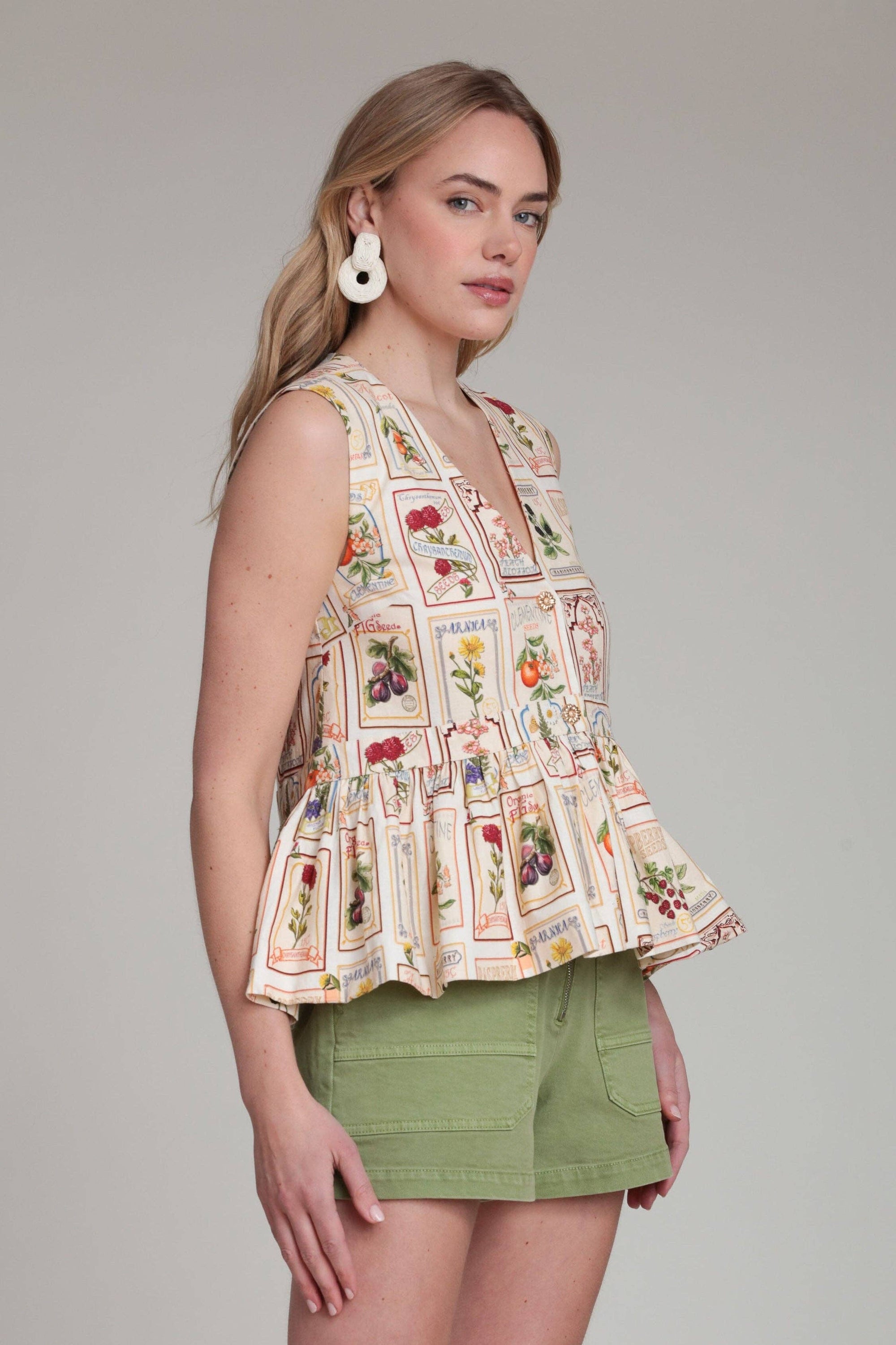 Linen Blend Fruit Floral Peplum Top