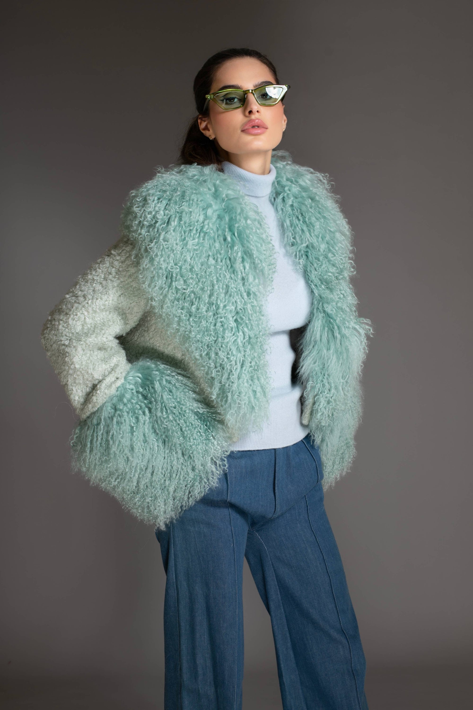 Mint Green Cropped Mongolian Shearling Coat