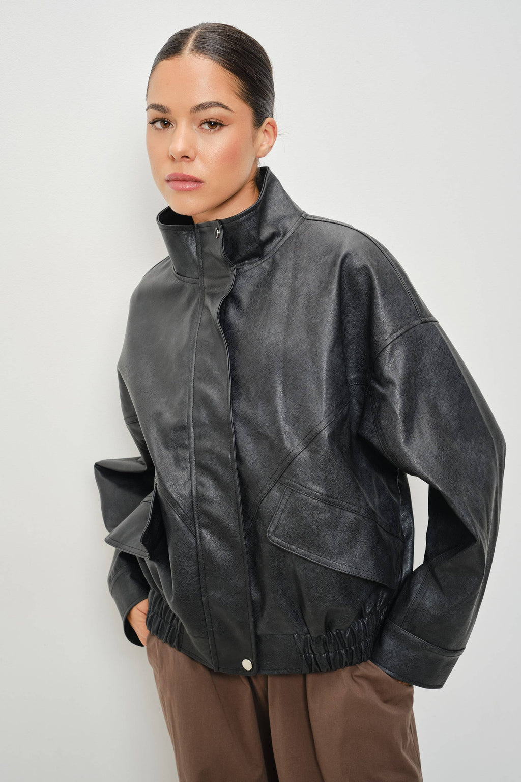 KARI LEATHER FUNNEL NECK OVERSIZED JACKET