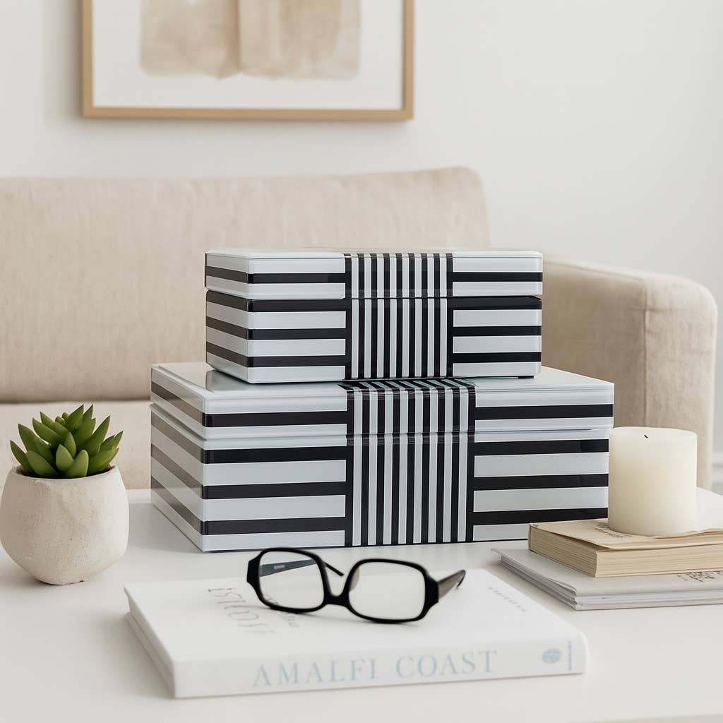 Wood Striped Storage Boxes Set of 2 - Black, 8/11 in.