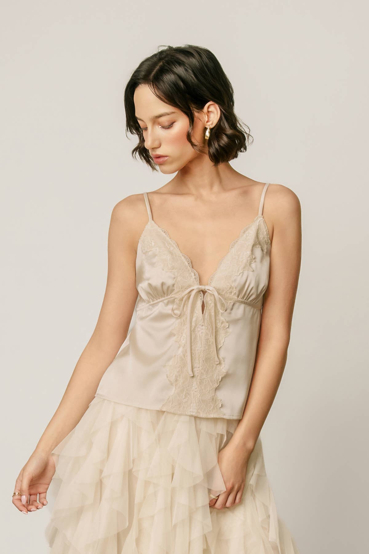 Satin Lace Tie Front Cami Top