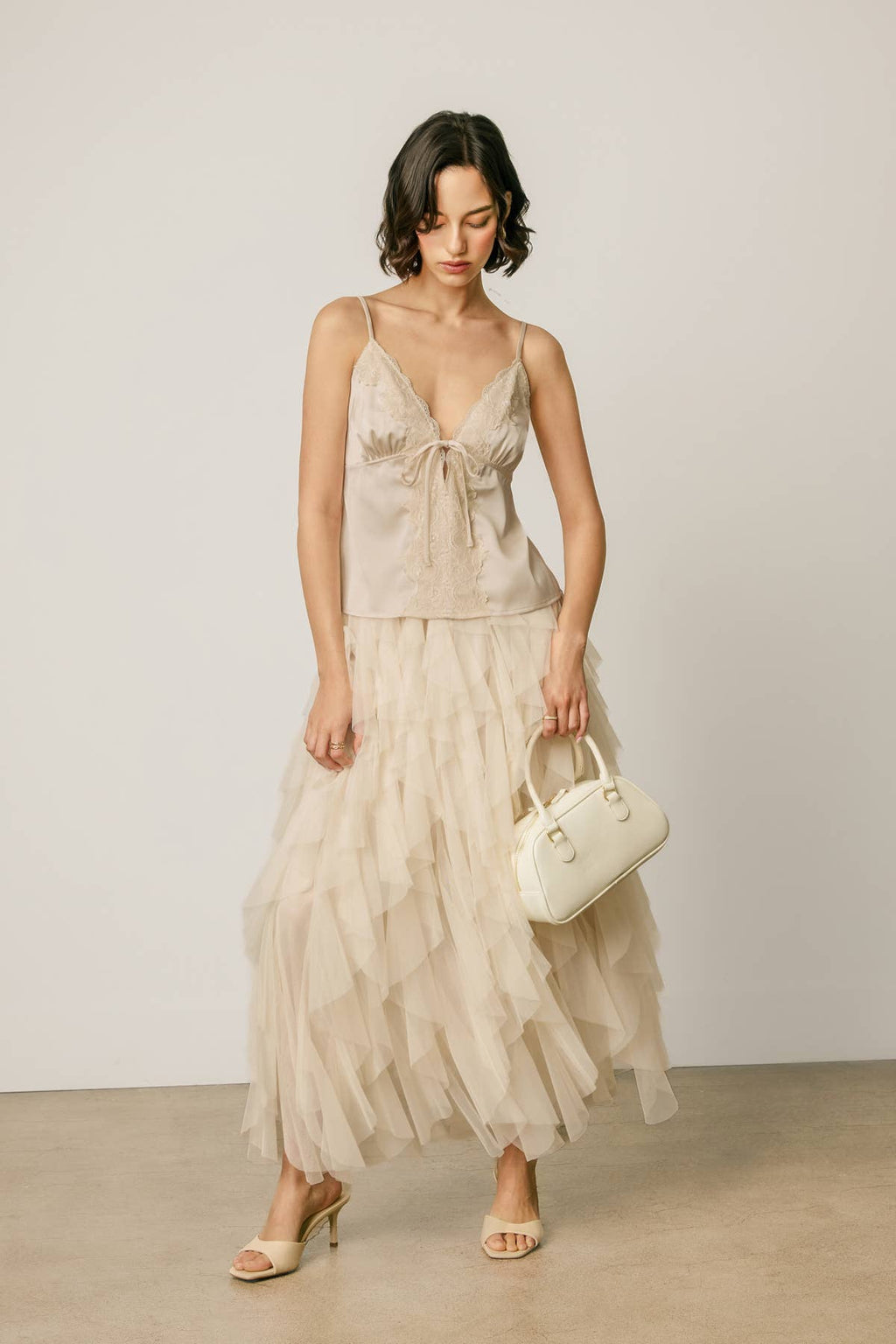 Satin Lace Tie Front Cami Top