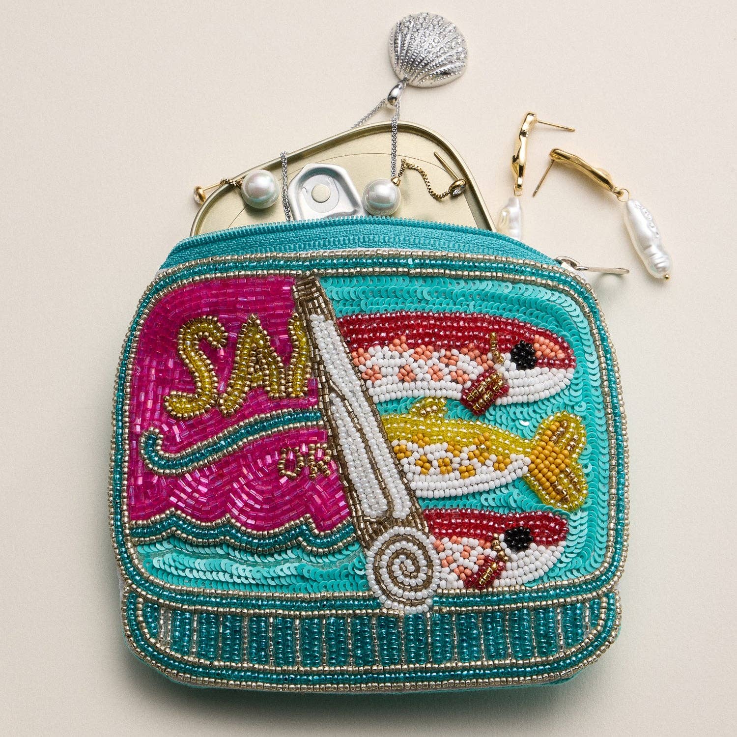 Beaded Sardine Can Coin Pouch – Hand-Embroidered Sequin Zip Pouch