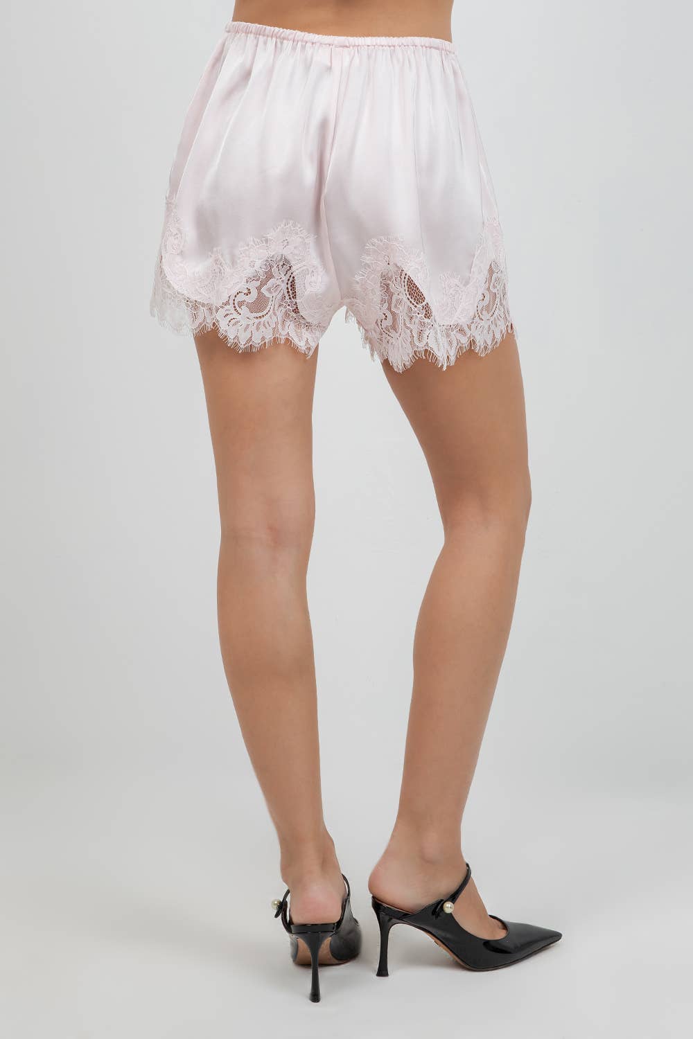 ELASTIC WAIST SATIN SHORTS WITH LACE POINTELLE